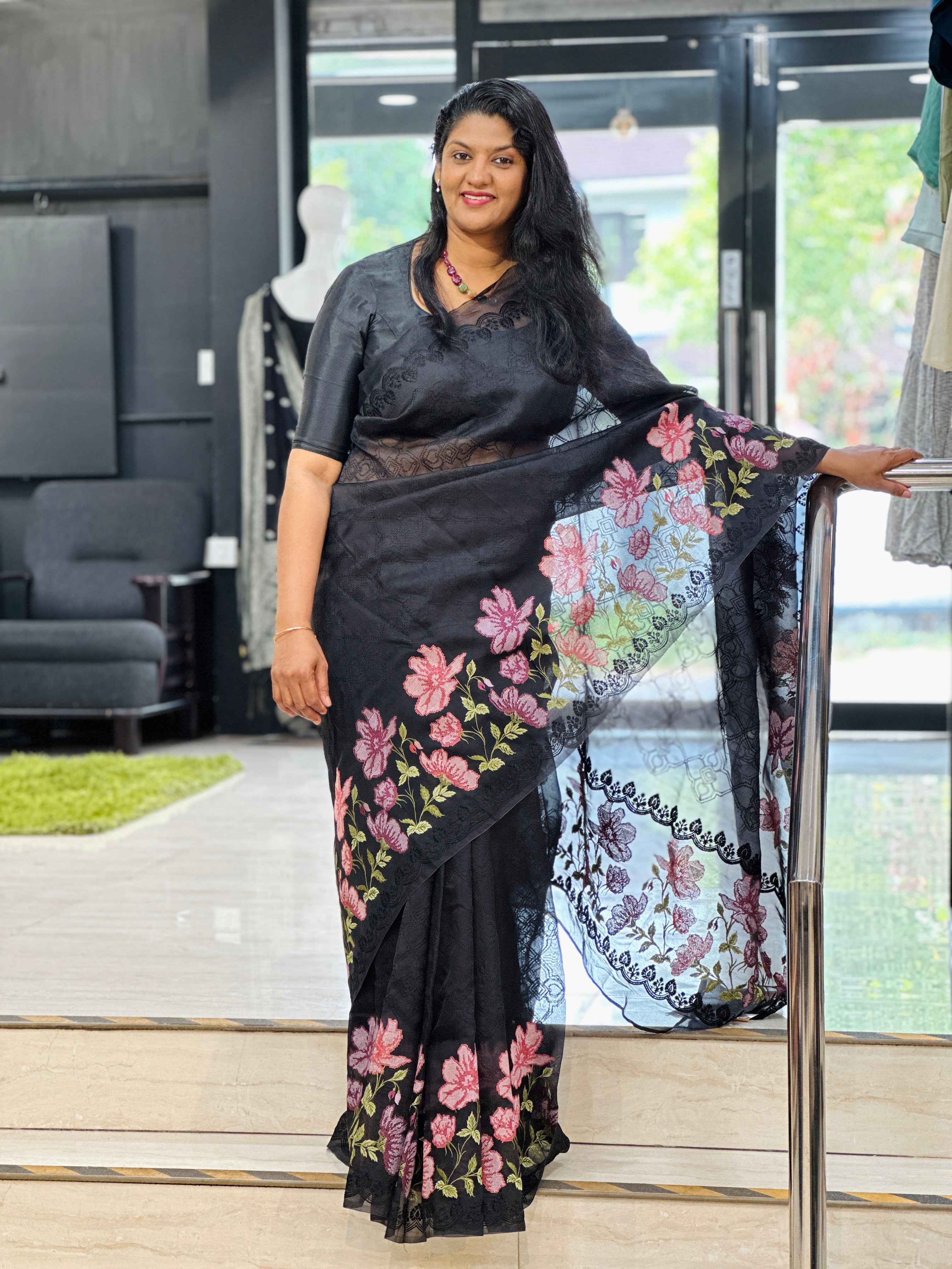 Floral Cross Stitch Embroidered Silk Organza Saree | MM445