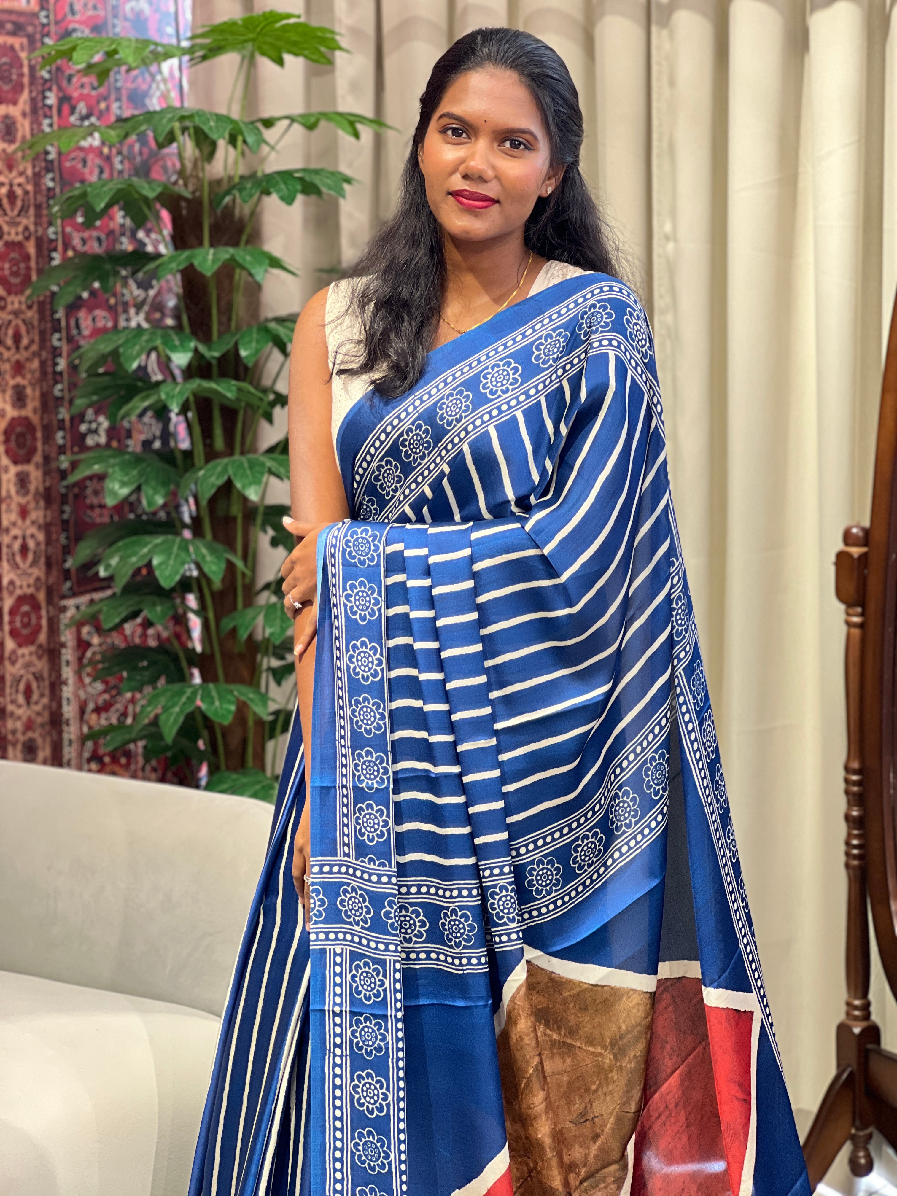 Stripes Printed Pattern Modal Finish Saree | SSN493