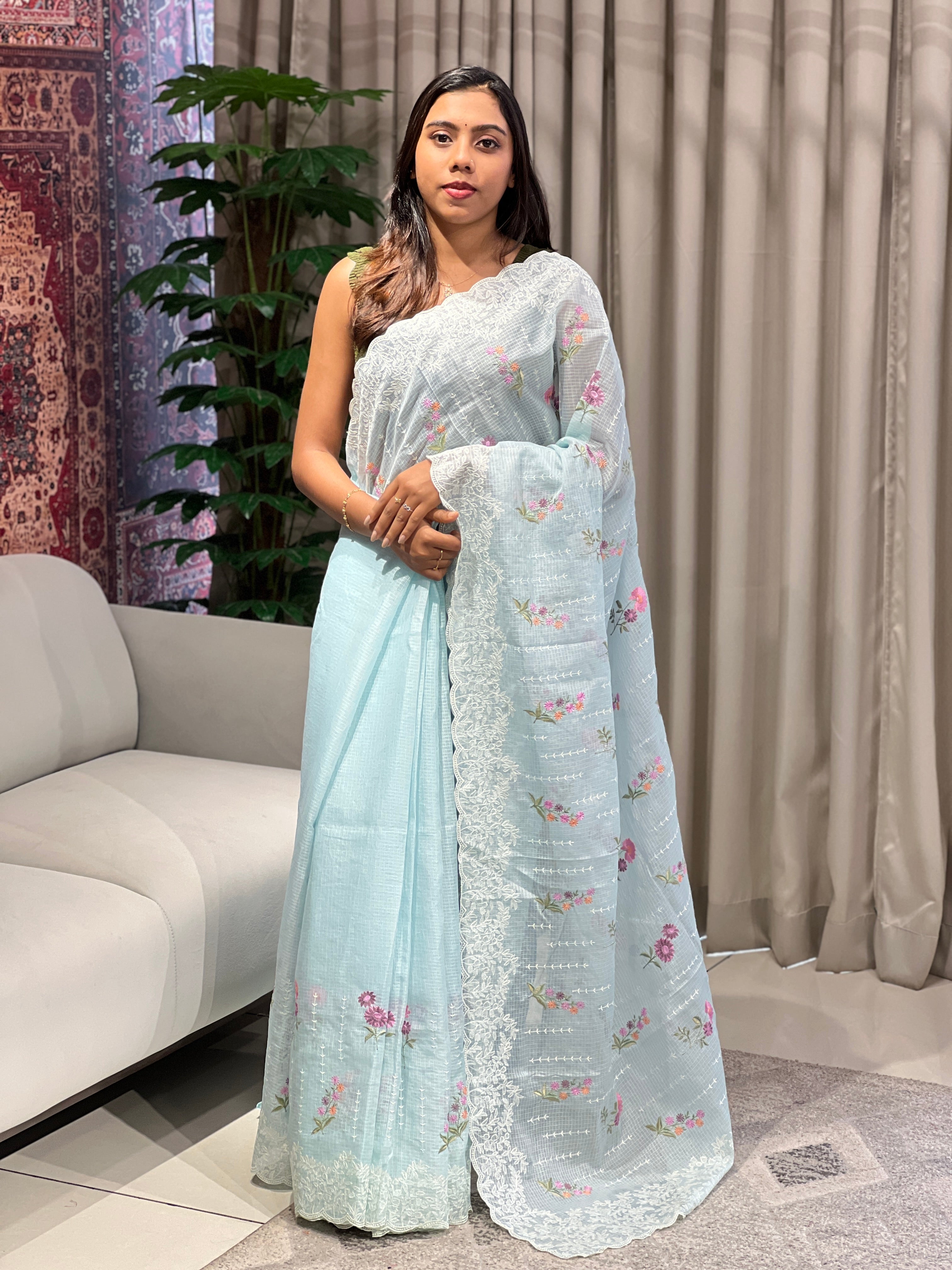Lucknowi With Floral Embroidery Detailed Kota Saree | BLD1887