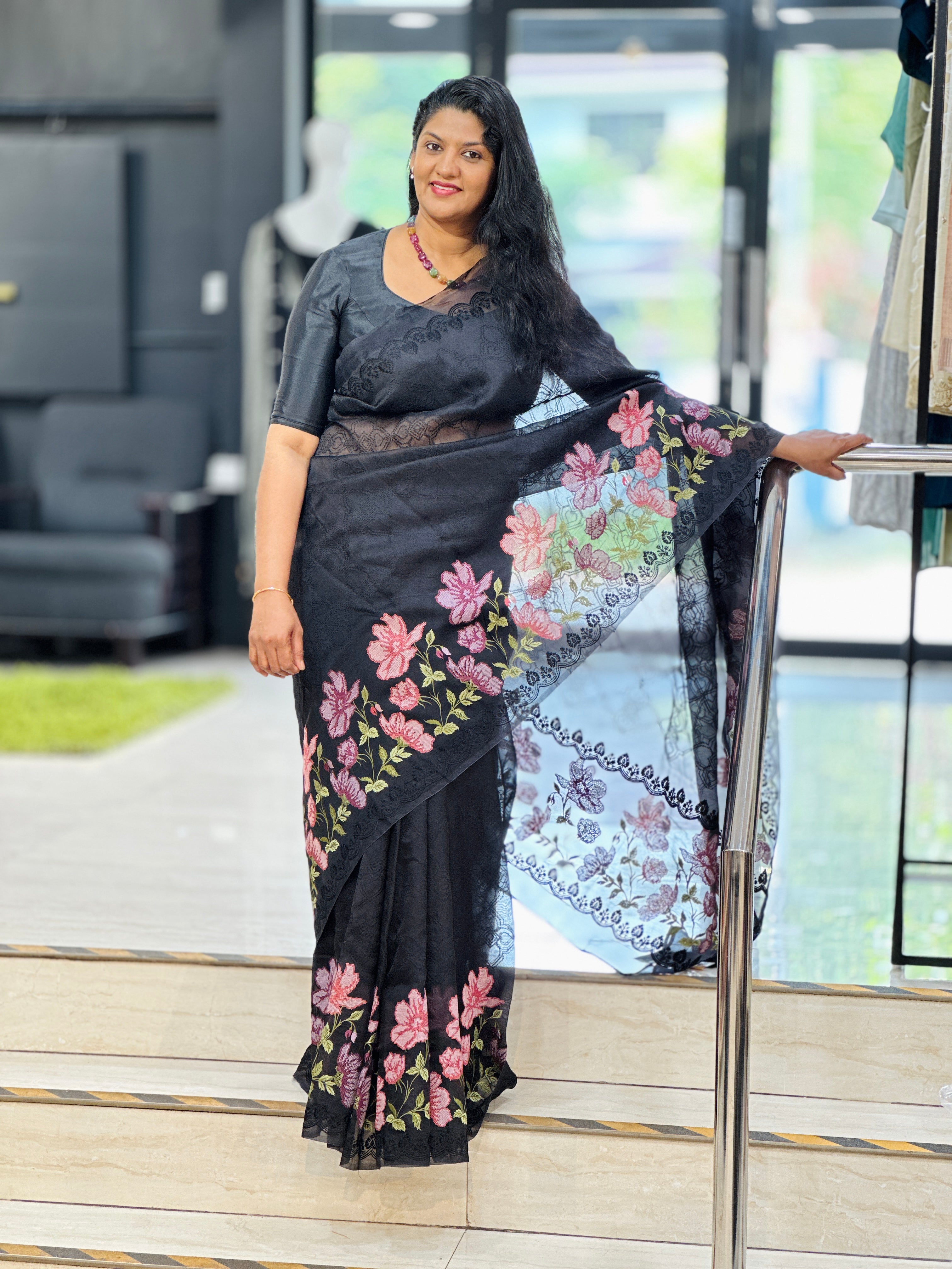 Floral Cross Stitch Embroidered Silk Organza Saree | MM445