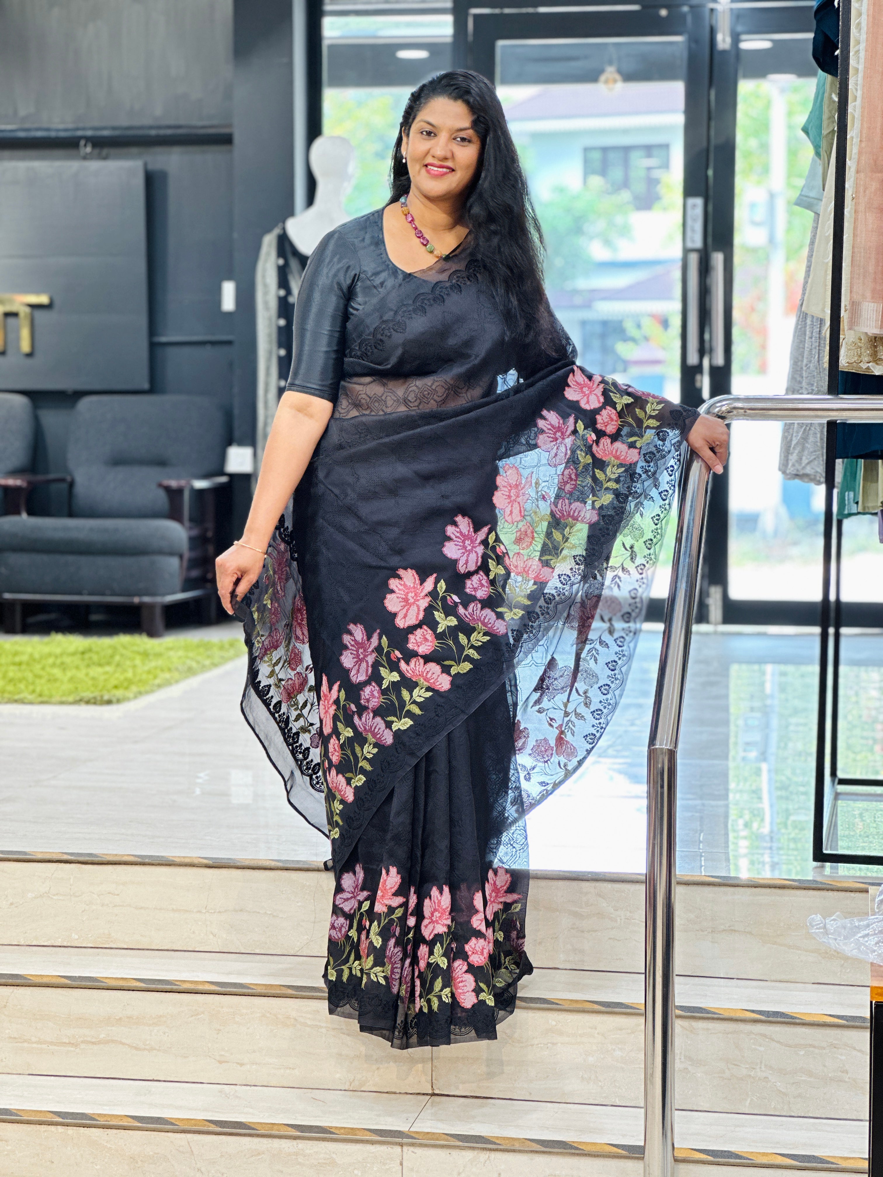 Floral Cross Stitch Embroidered Silk Organza Saree | MM445