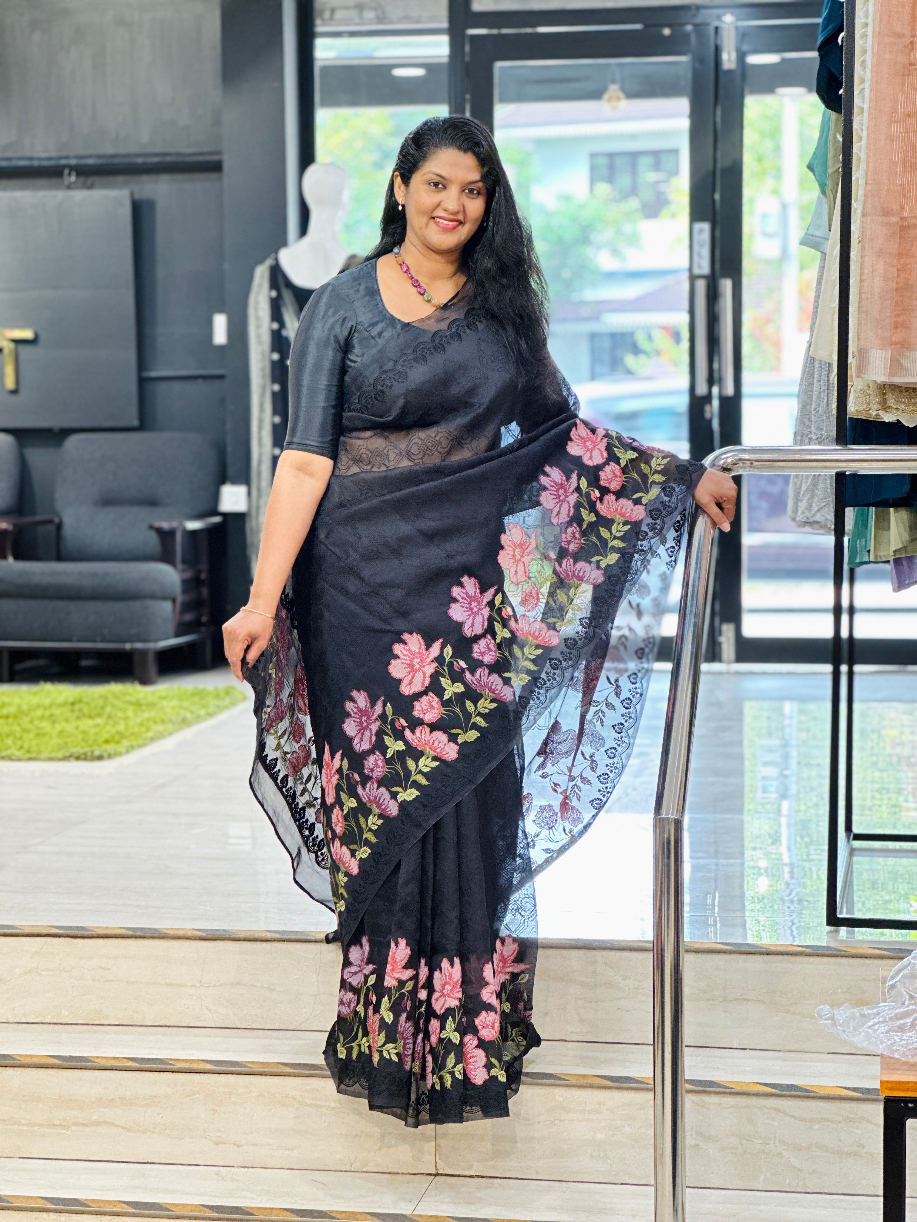 Floral Cross Stitch Embroidered Silk Organza Saree | MM445