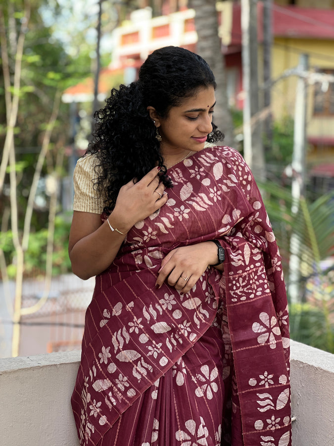 Batik Printed Bhagalpuri Linen Saree | US196