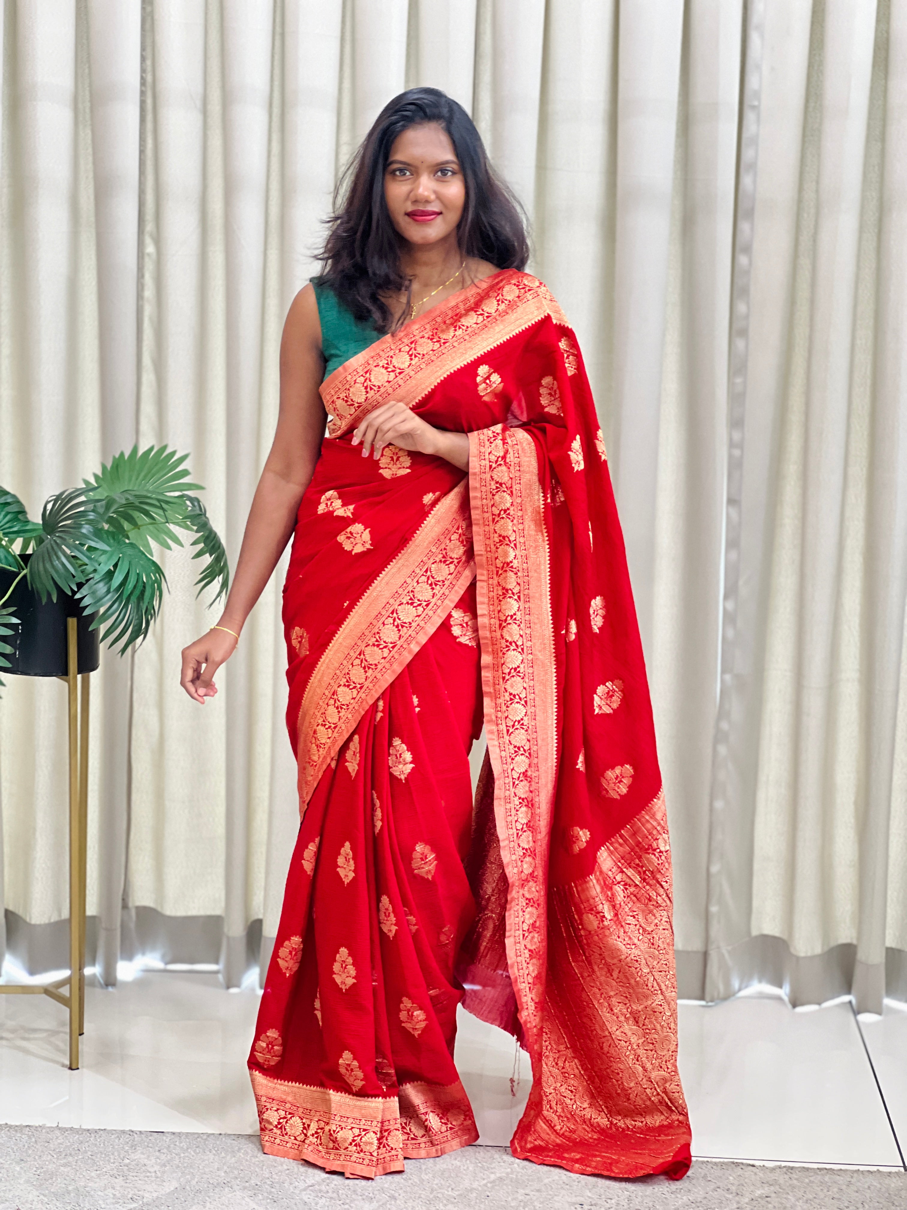 Golden Zari Woven Chinnon Saree  | RS126