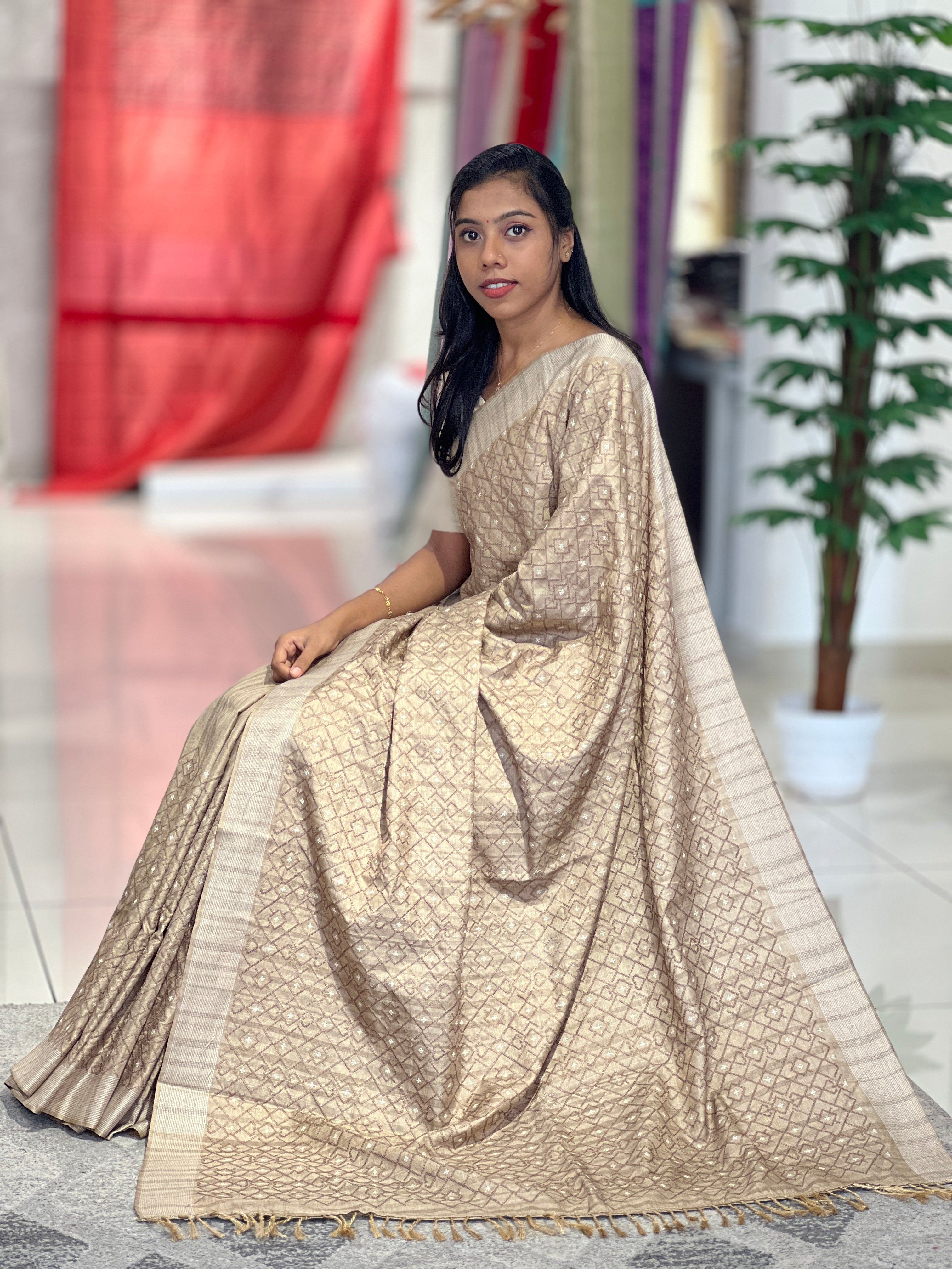 Machine Embroidered Semi Tussar Saree | SUN160