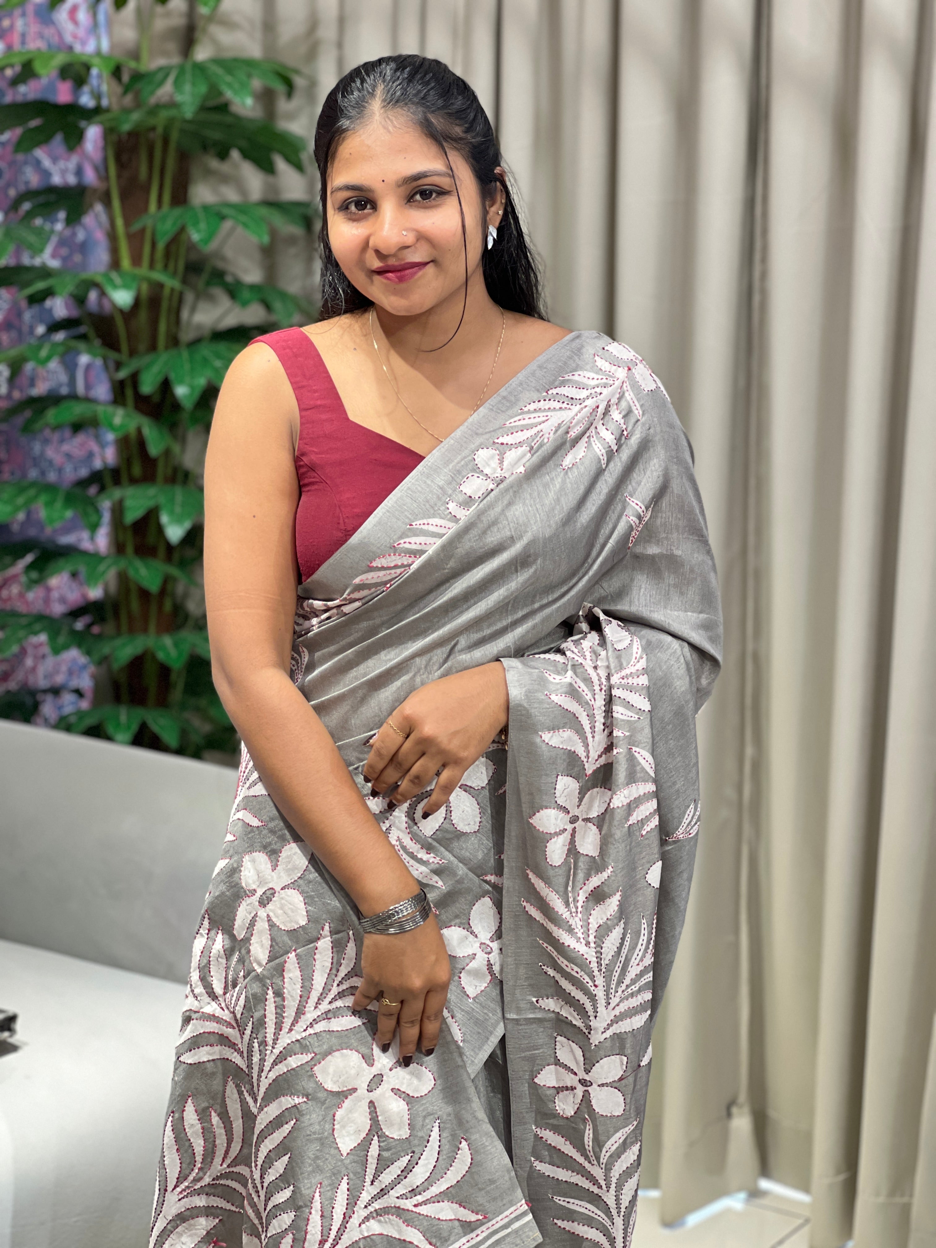 Floral Print With Kantha Highlighted Semi Tussar Saree | GAR158