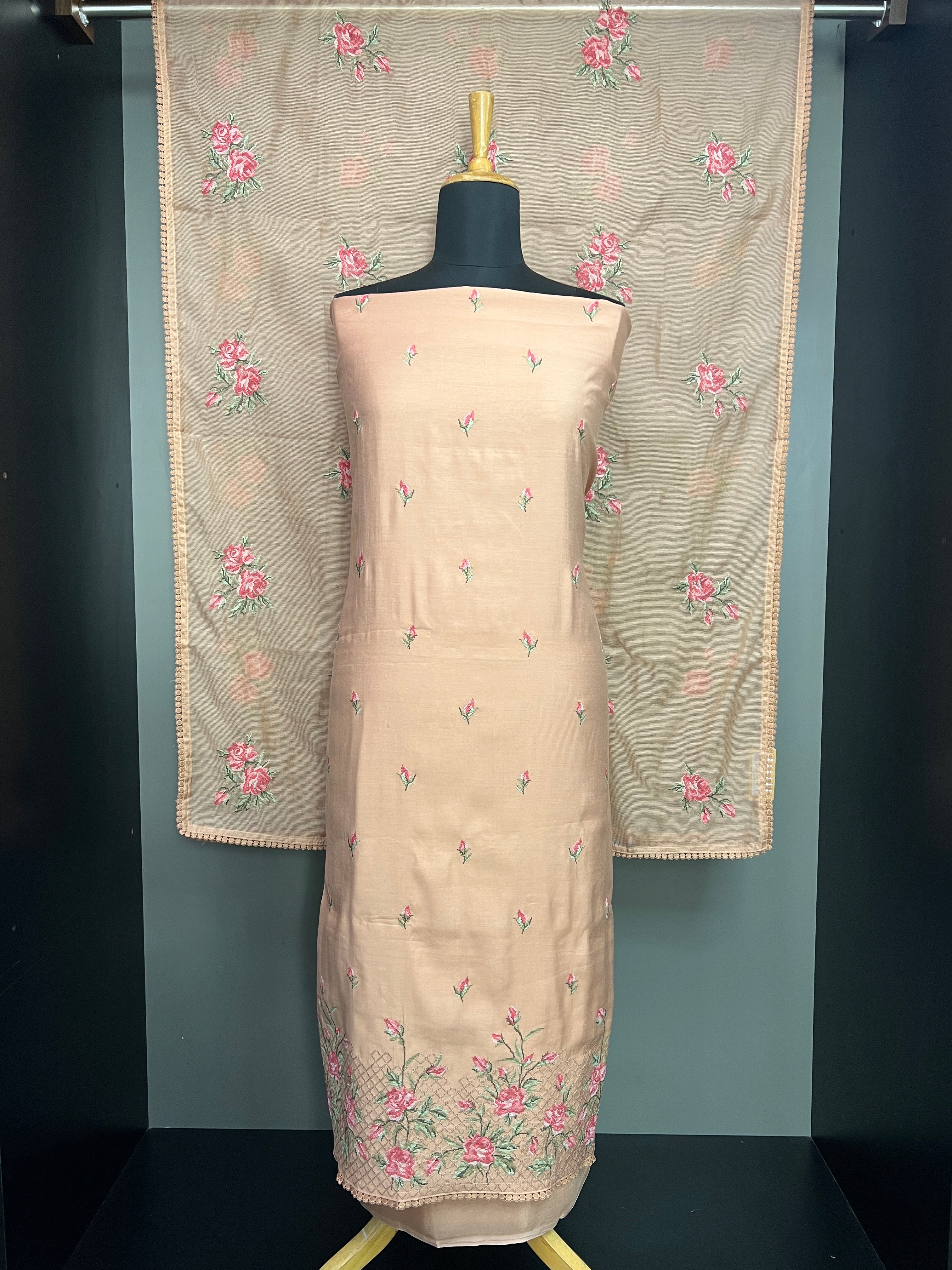 Floral Cross Stitch Embroidered Tussar Finish Salwar Set | SRF106