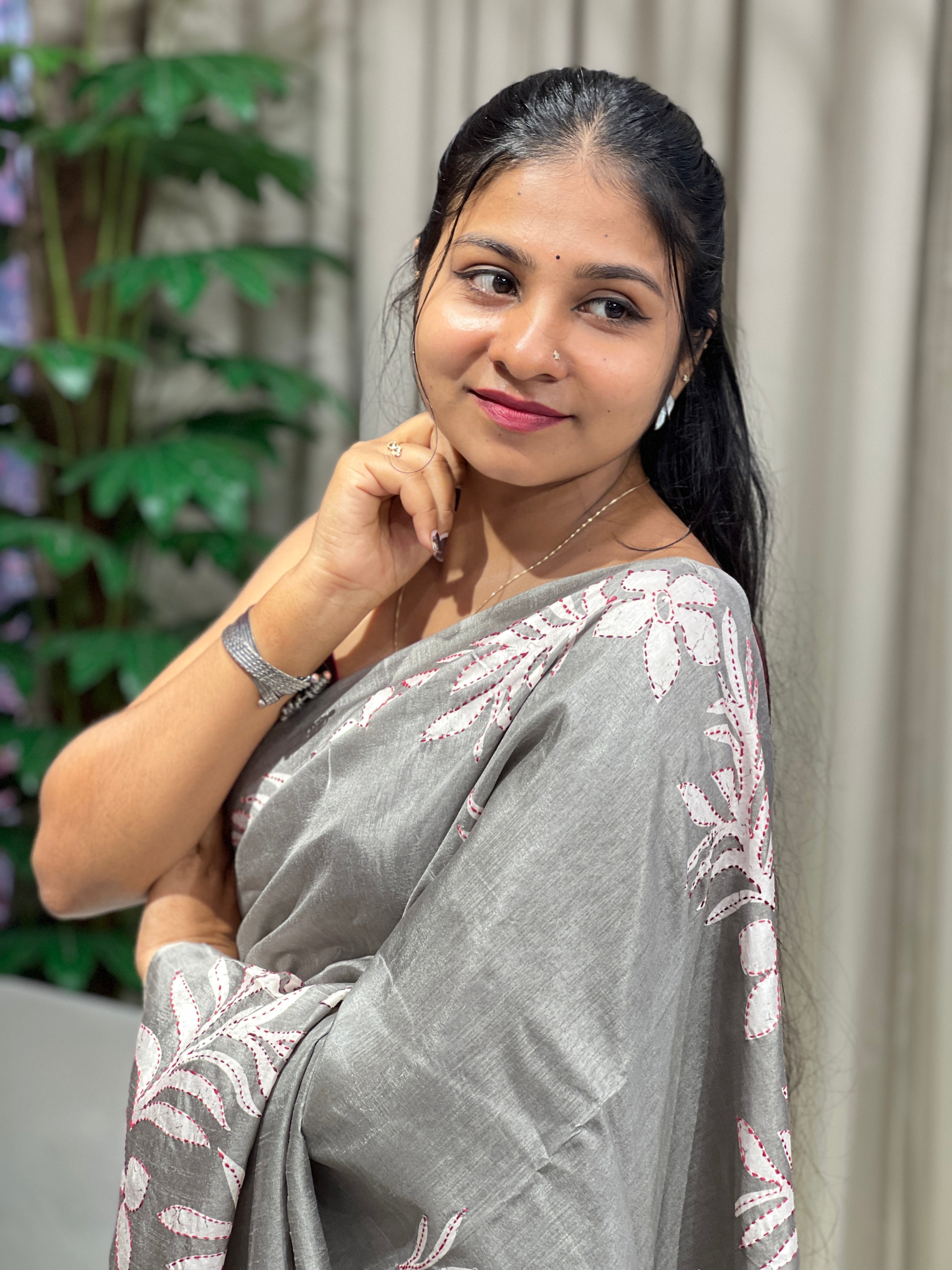 Floral Print With Kantha Highlighted Semi Tussar Saree | GAR158