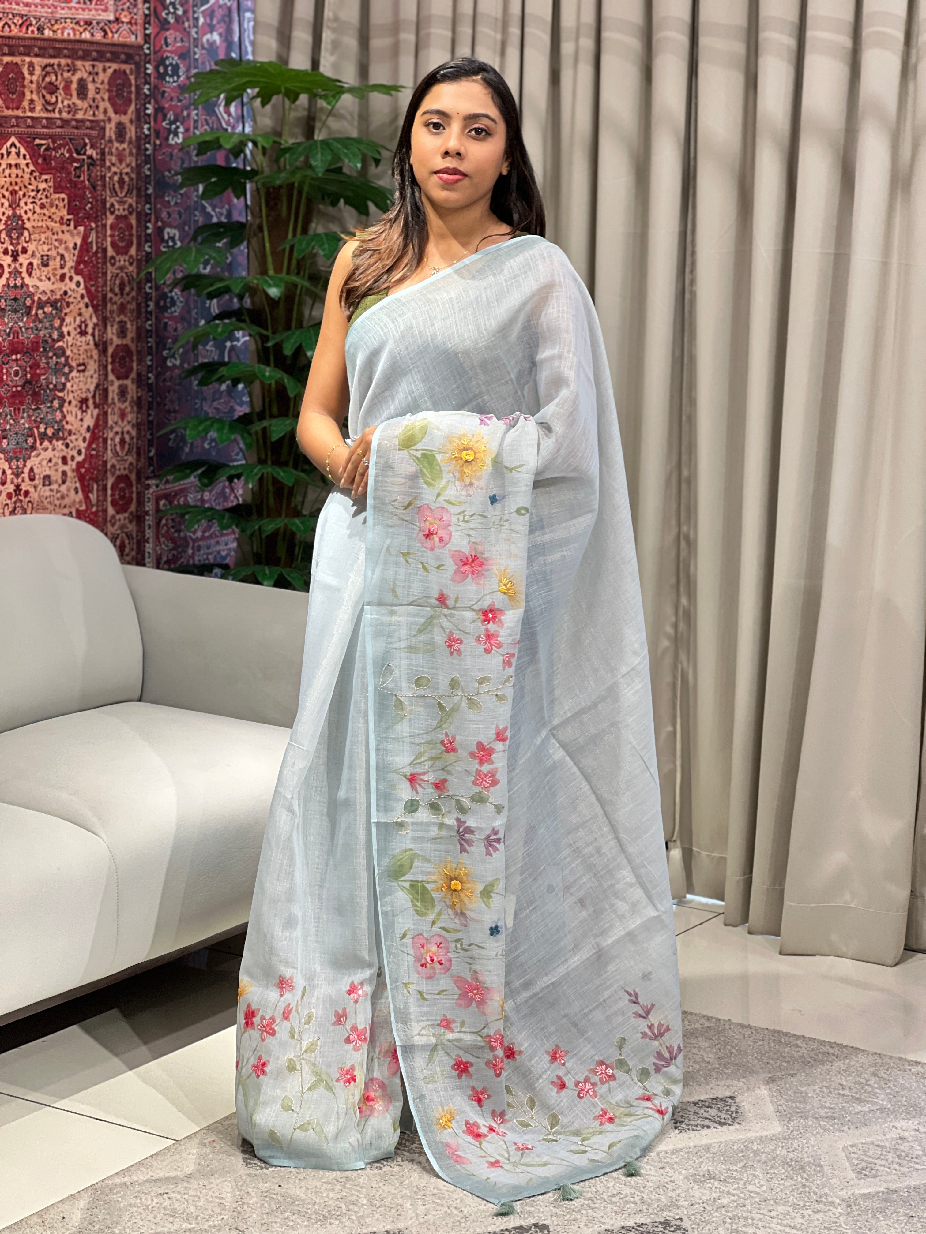 Floral Print With Hand Embroidery Detailed Tissue Linen Saree | BLD1881