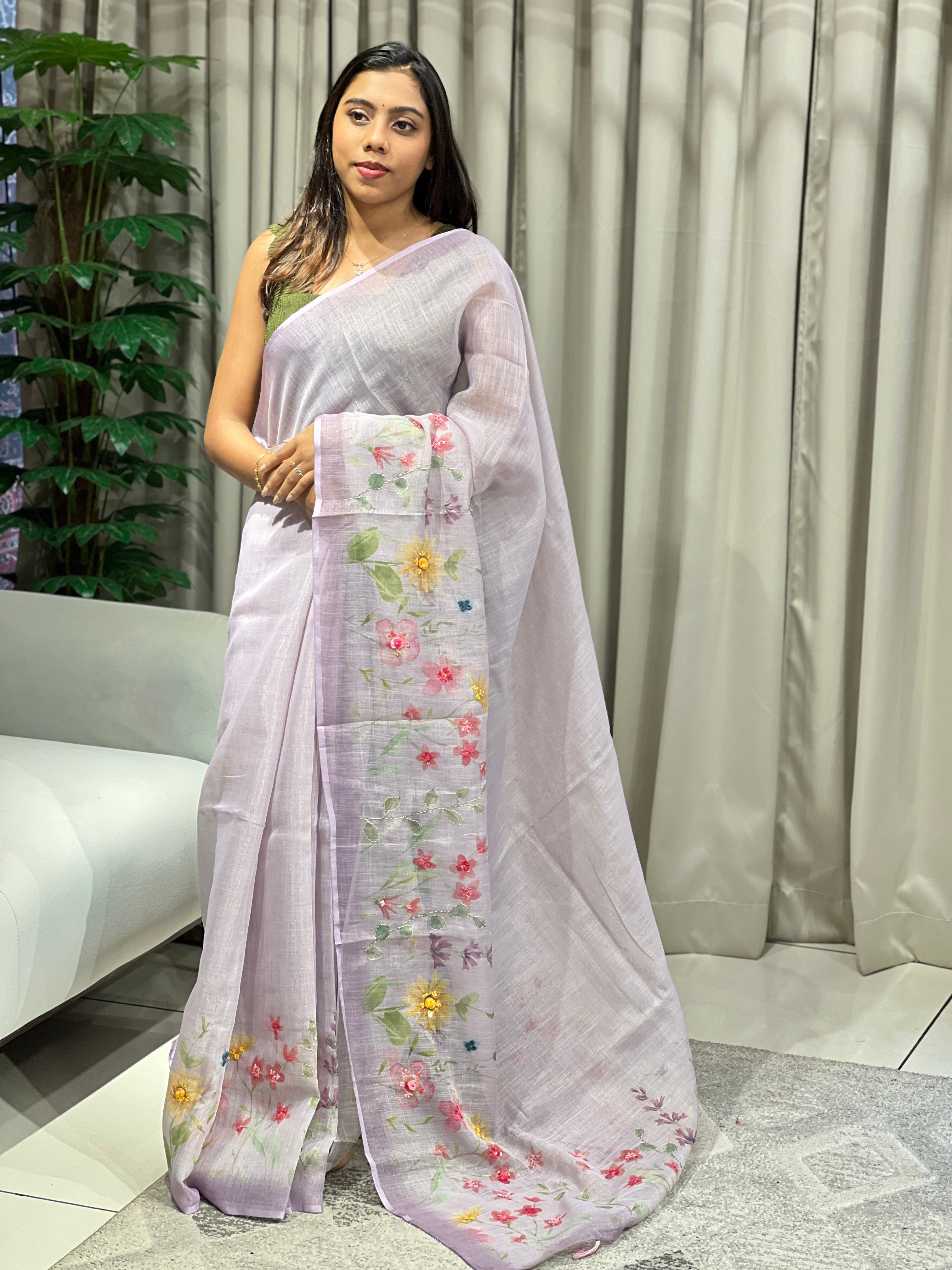 Floral Print With Hand Embroidery Detailed Tissue Linen Saree | BLD1880