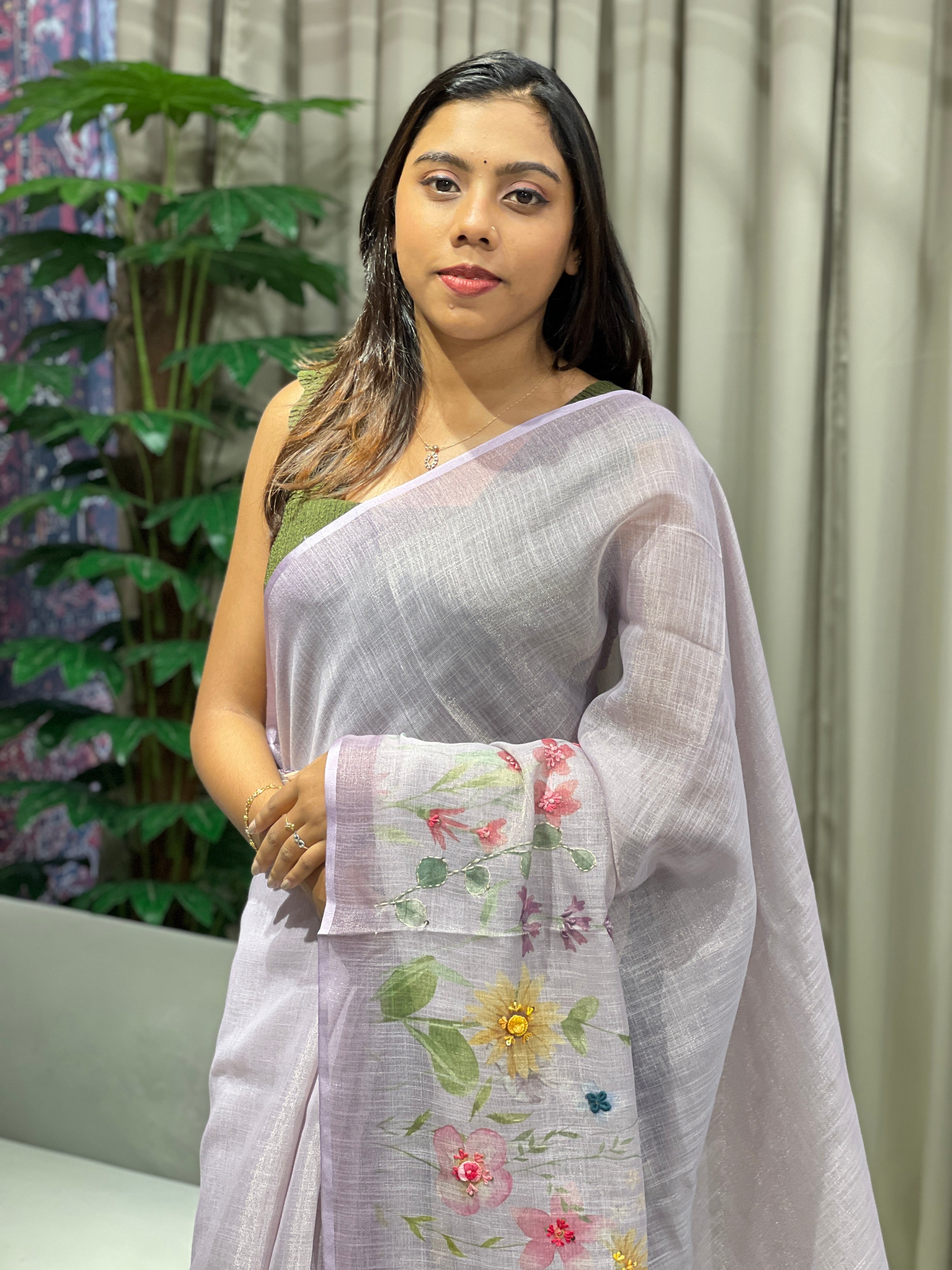 Floral Print With Hand Embroidery Detailed Tissue Linen Saree | BLD1880