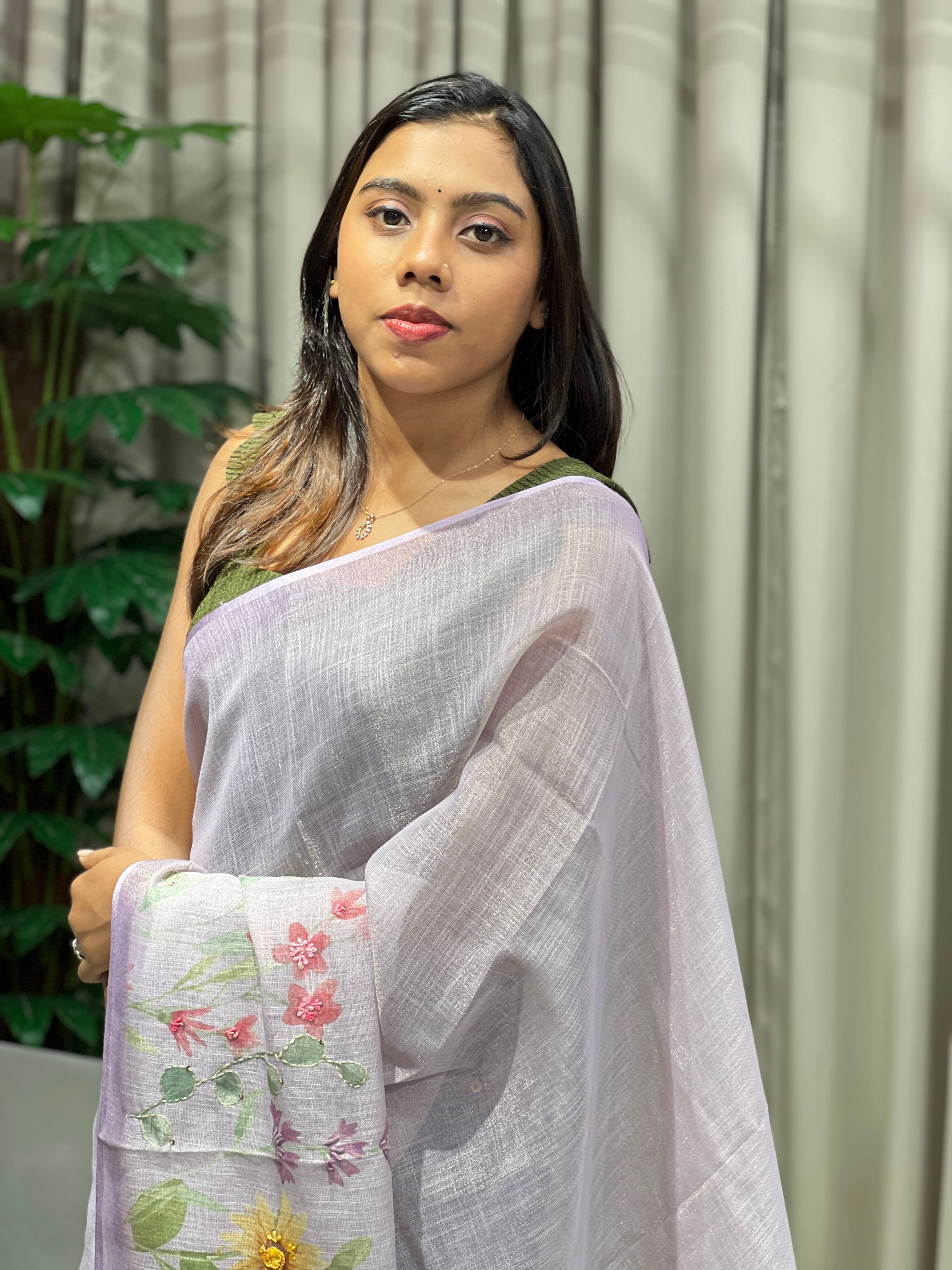 Floral Print With Hand Embroidery Detailed Tissue Linen Saree | BLD1880