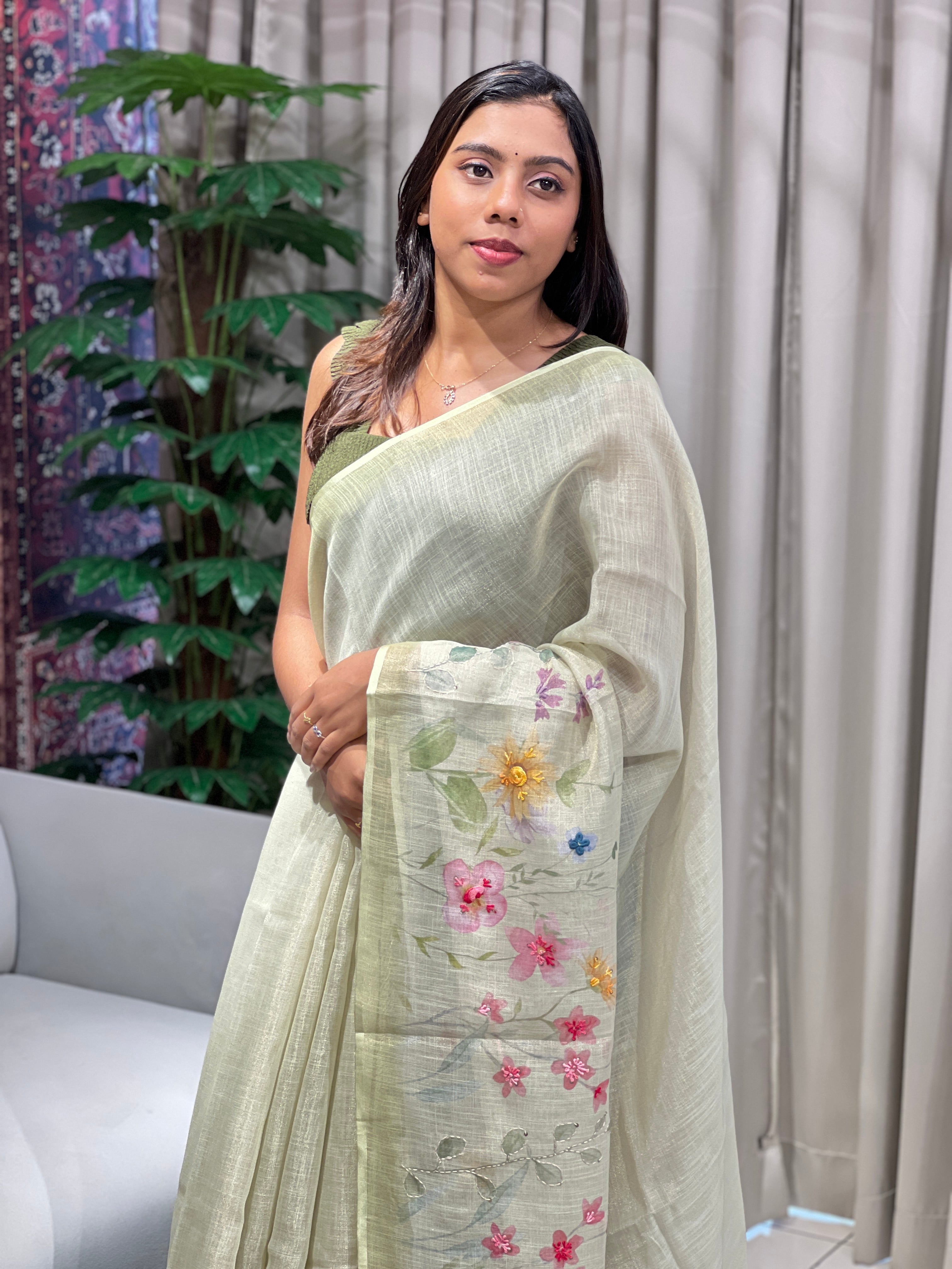 Floral Print With Hand Embroidery Detailed Tissue Linen Saree | BLD1882