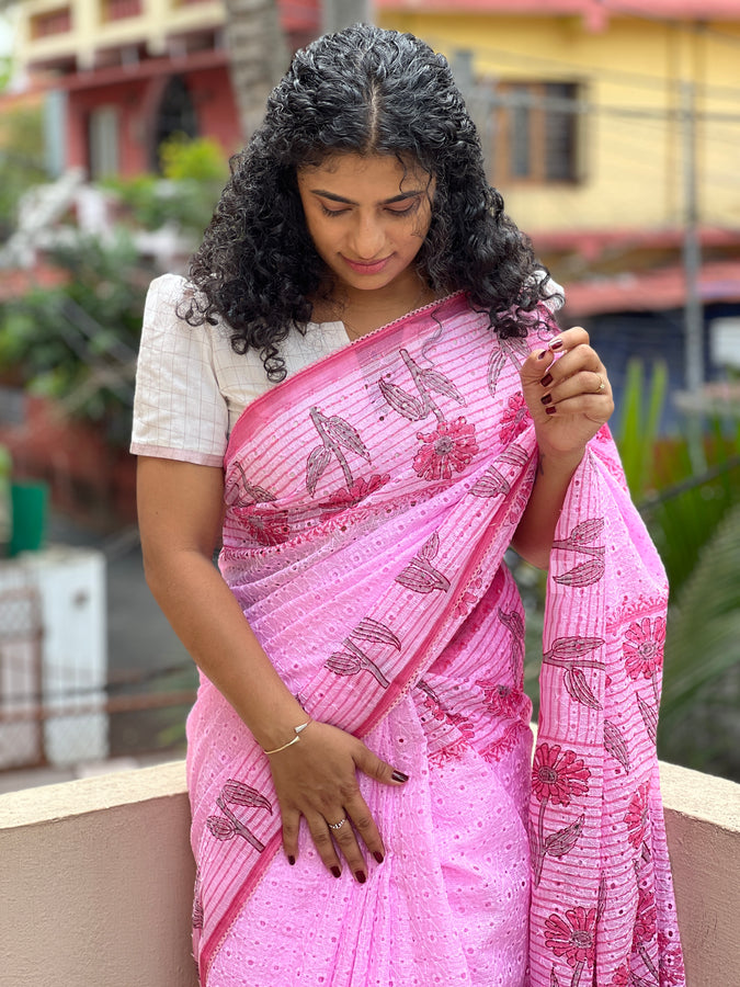 Pink Color Block Printed Silky Kota Saree | PF952