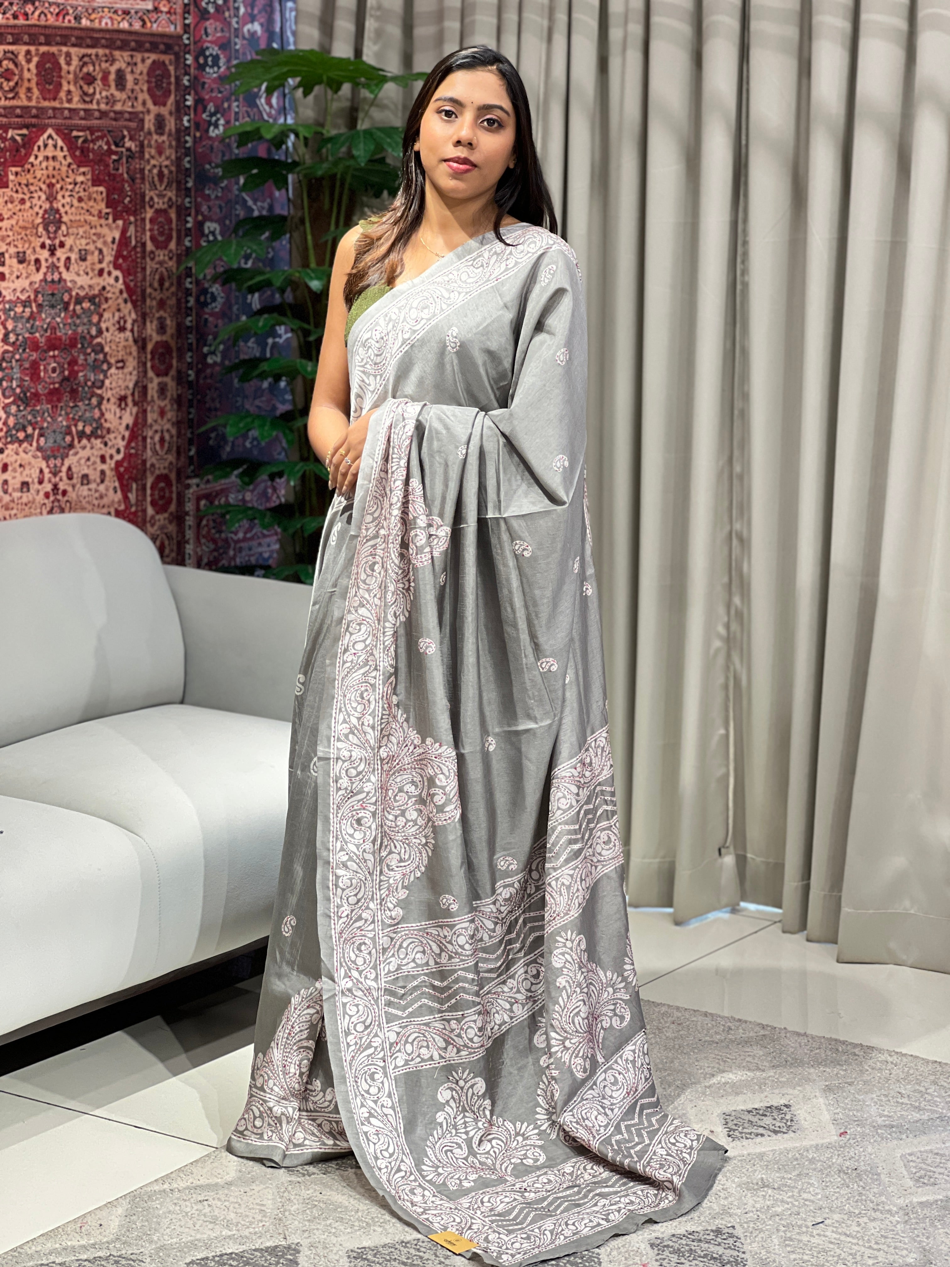 Paisley Print With Kantha Highlighted Semi Tussar Saree | GAR159