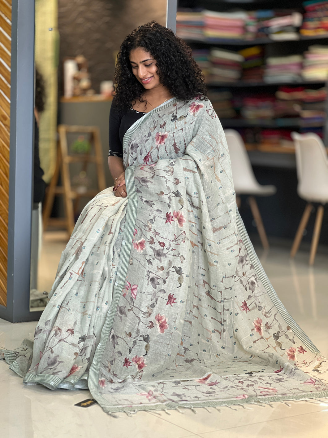 Floral Digital Printed Linen Saree | SMC116