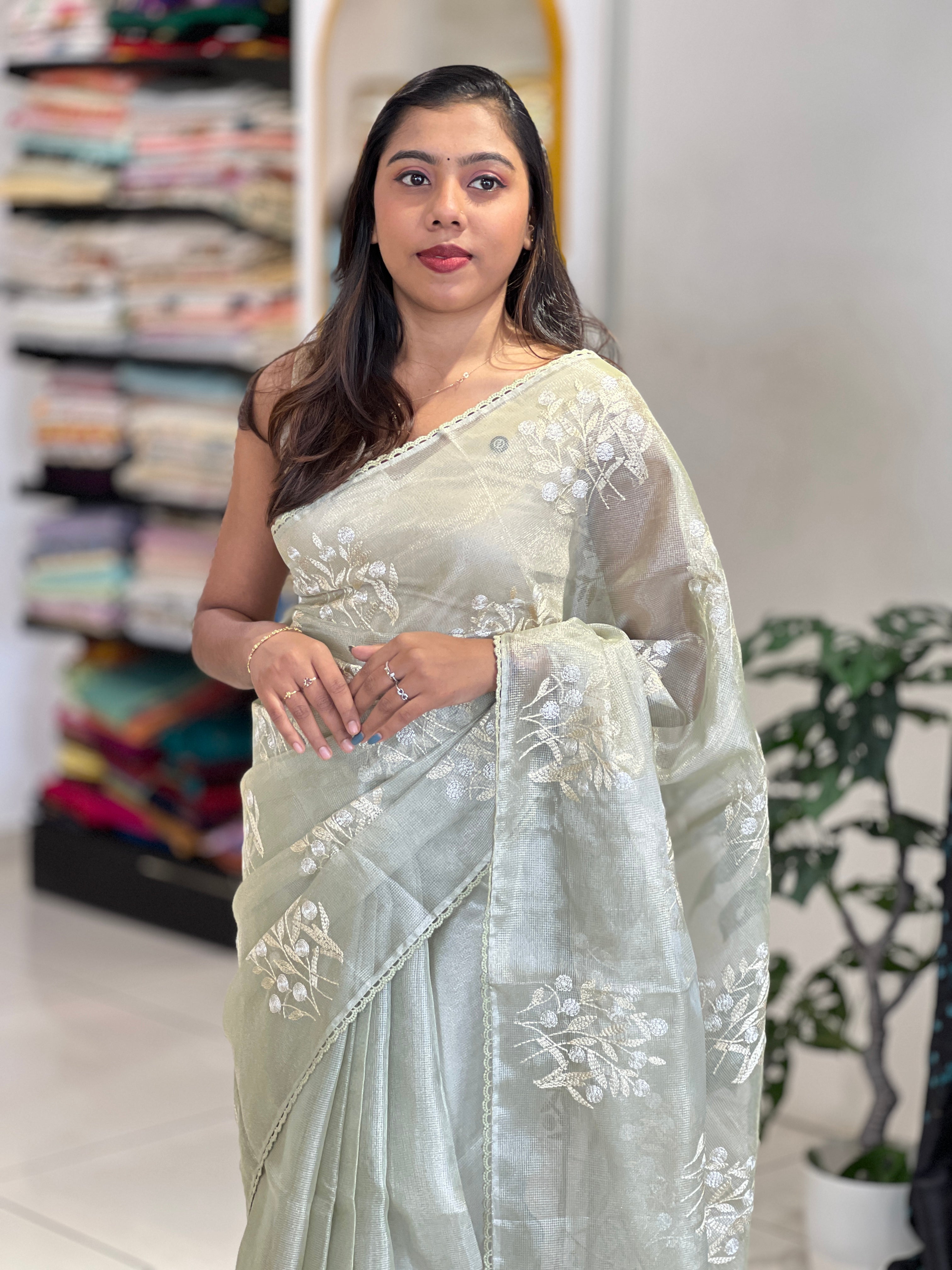 Floral Embroidery Detailed Tissue Saree | PKS150