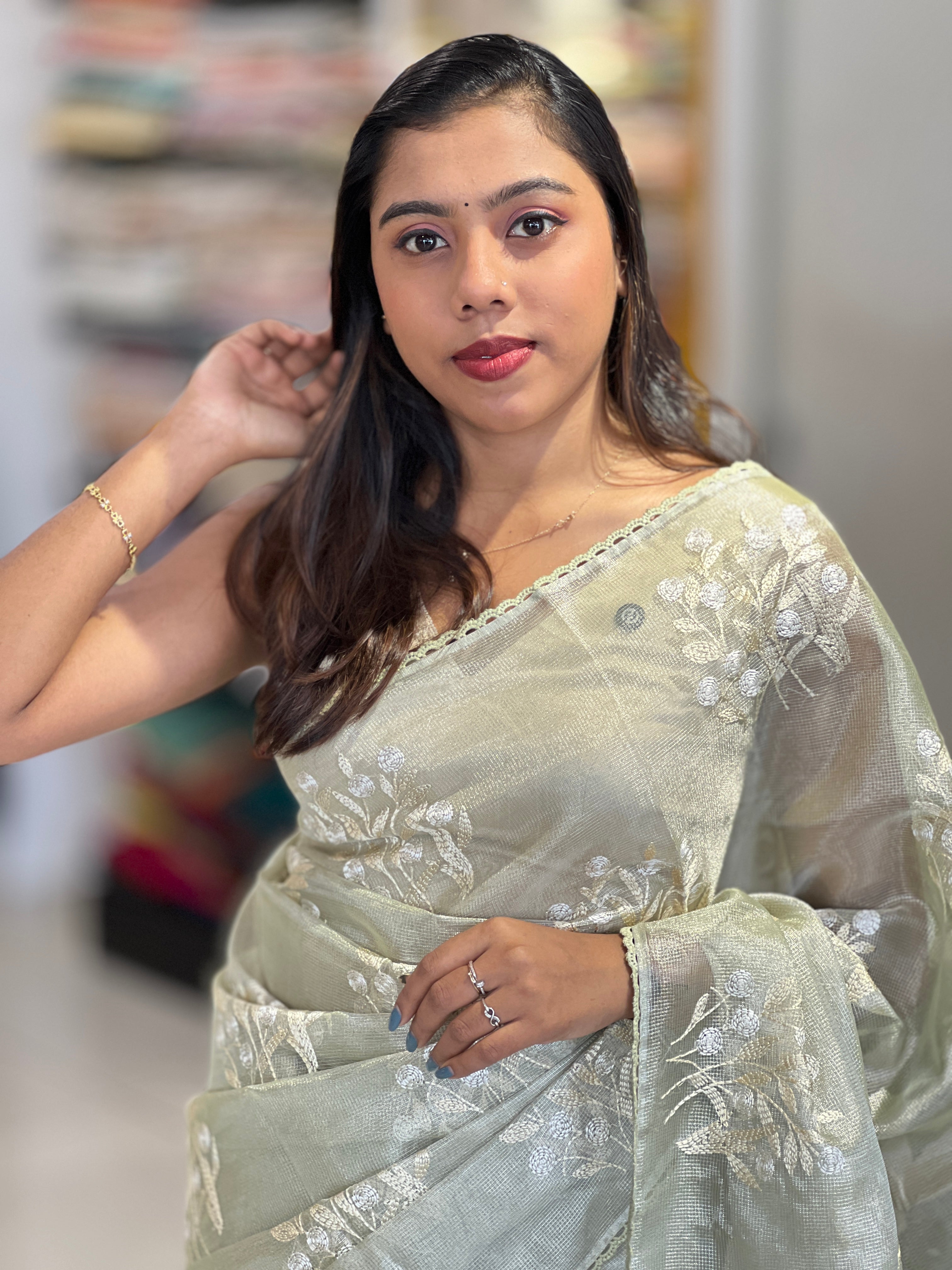 Floral Embroidery Detailed Tissue Saree | PKS150