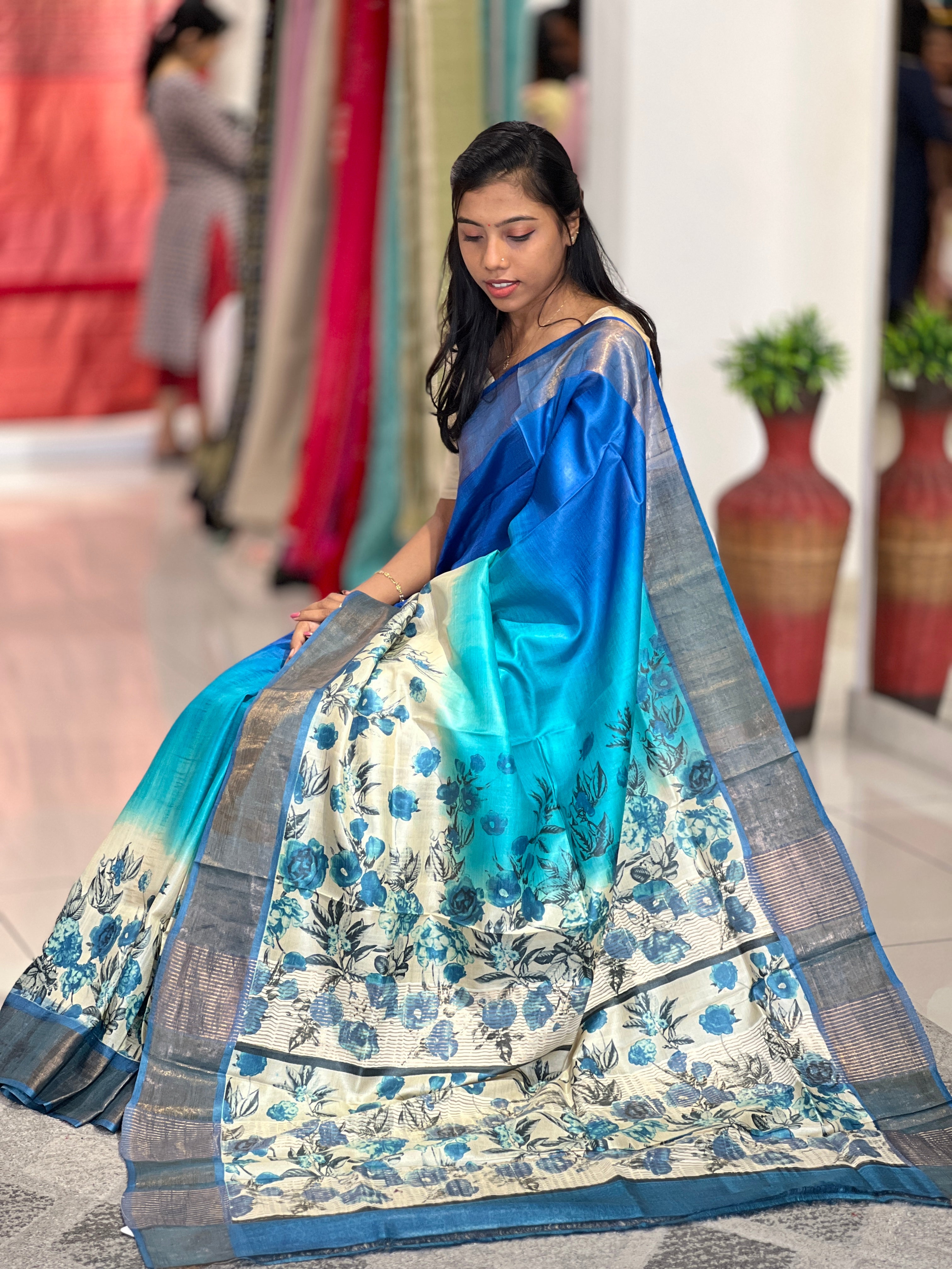 Floral Printed Tussar Saree | NLM158