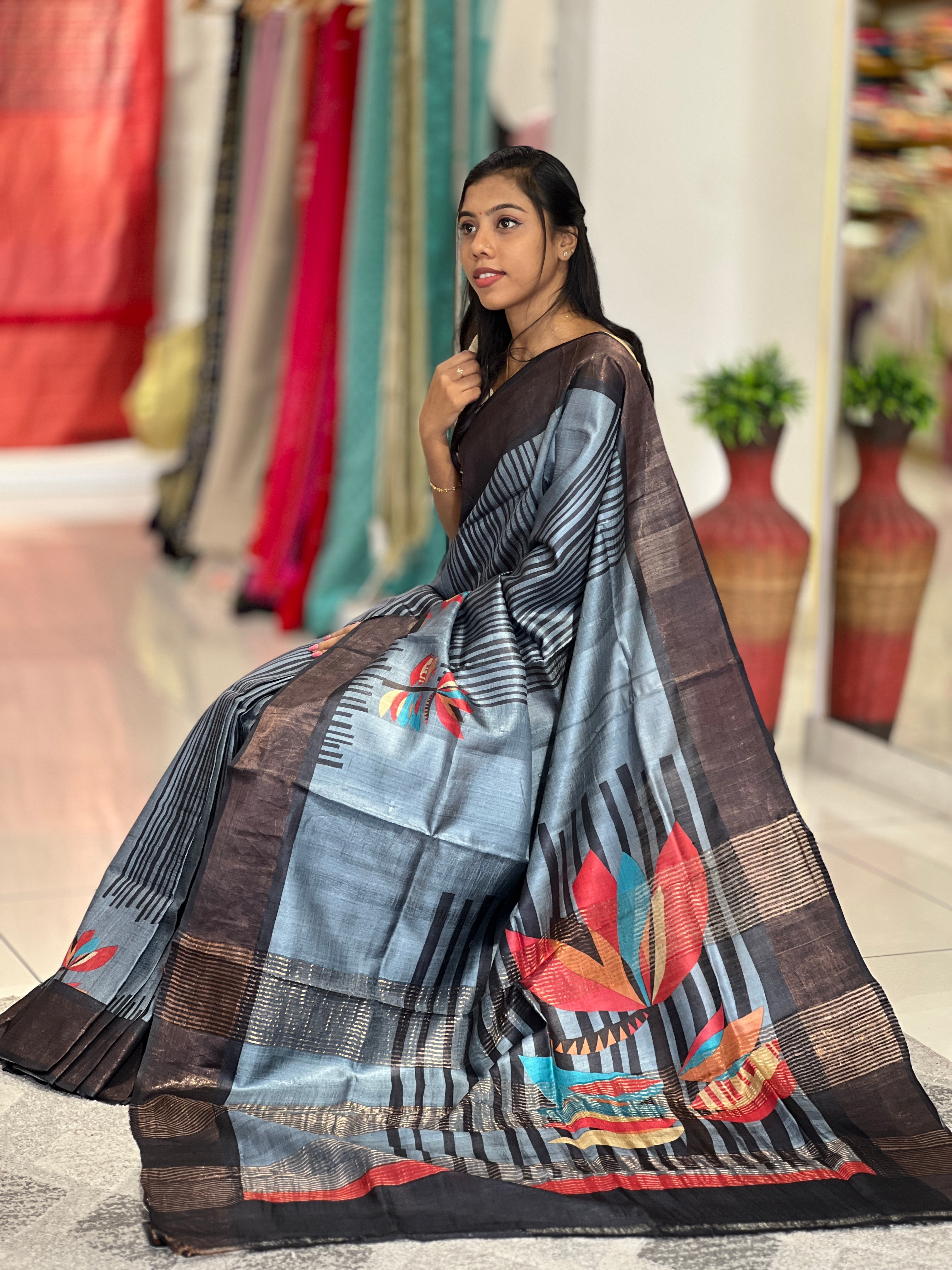 Print With Zari Border Detailed Tussar Saree | NLM150