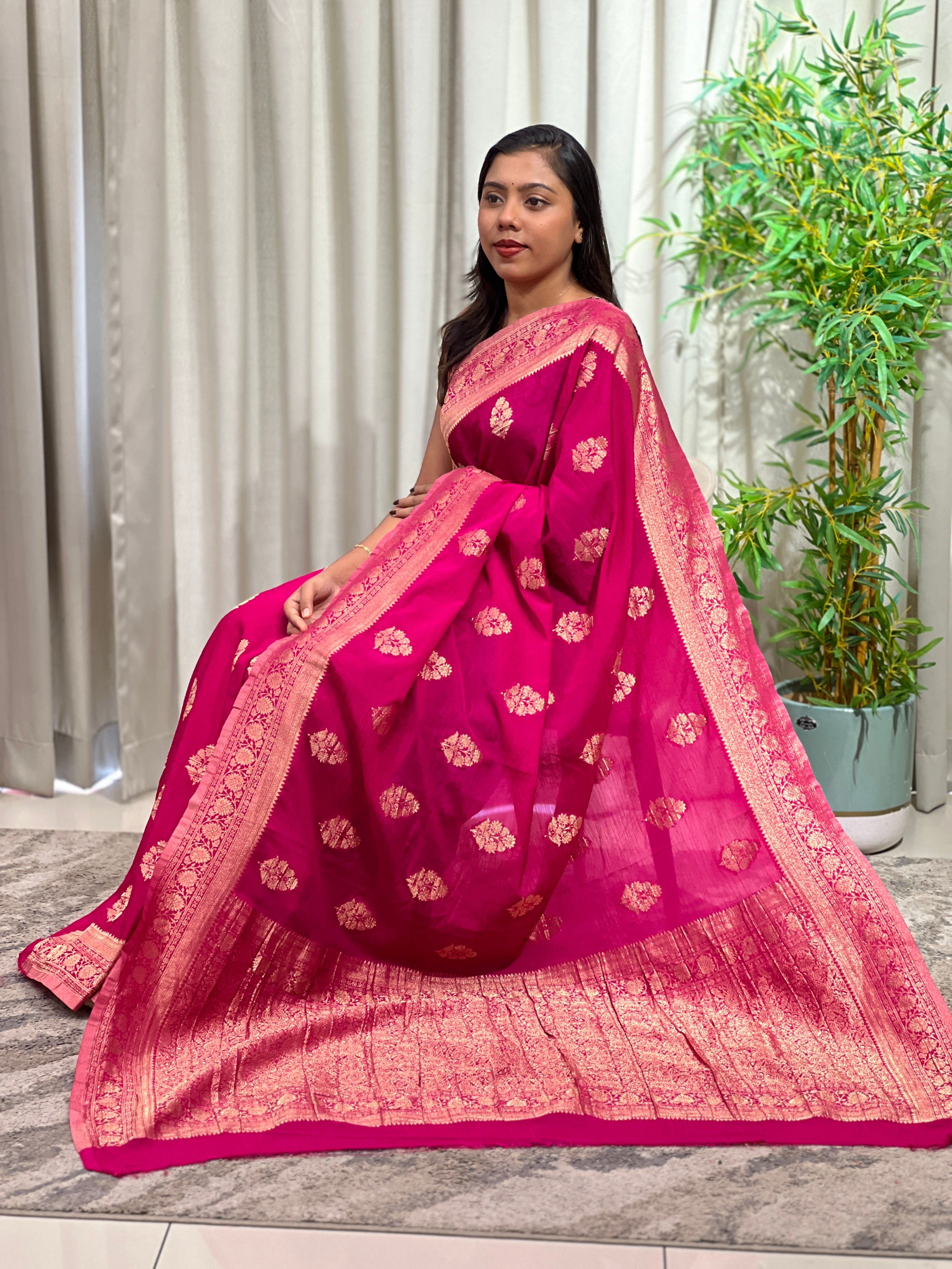 Golden Zari Woven Chinnon Saree | RS124