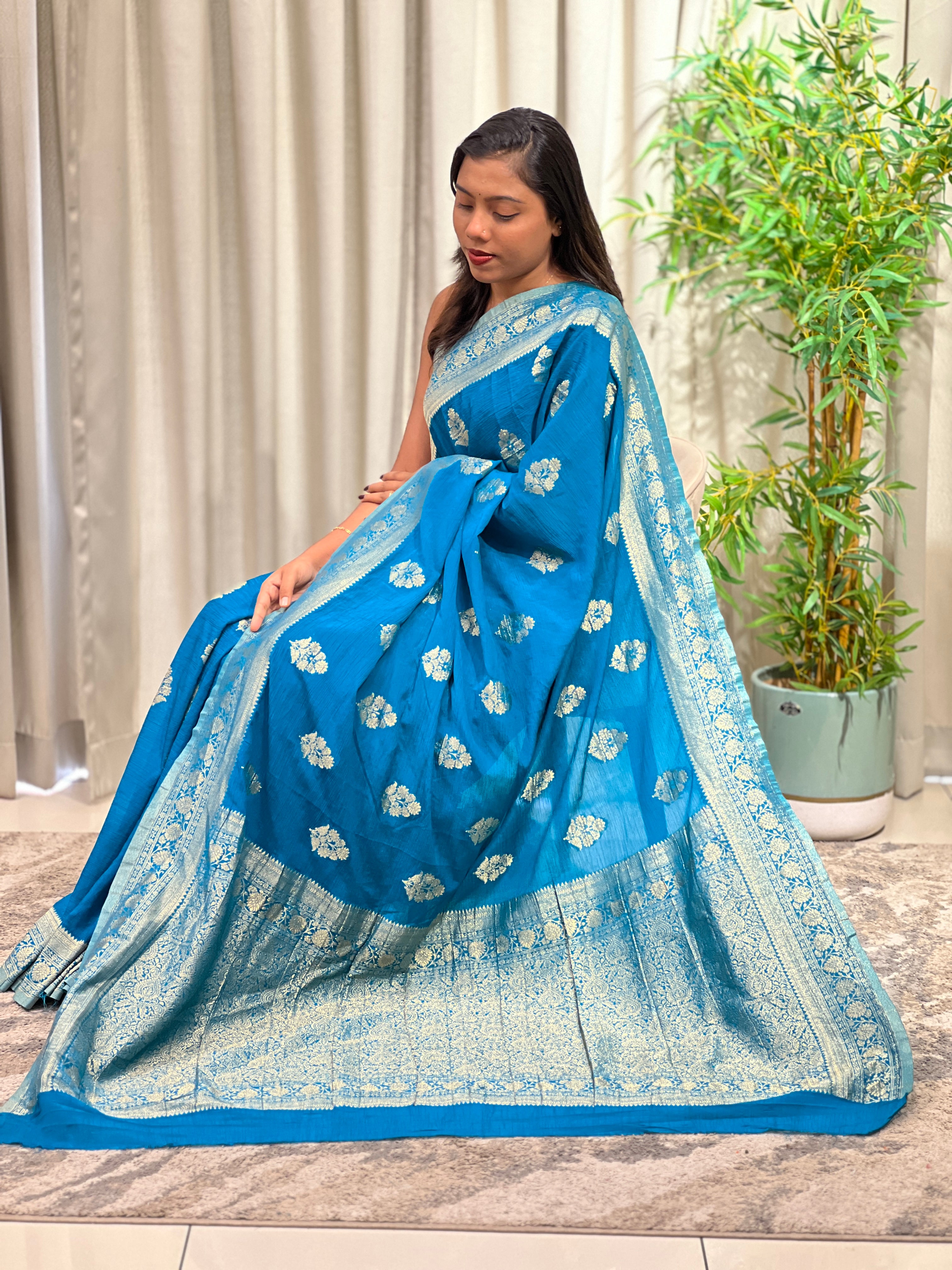 Golden Zari Woven Chinnon Saree  | RS125