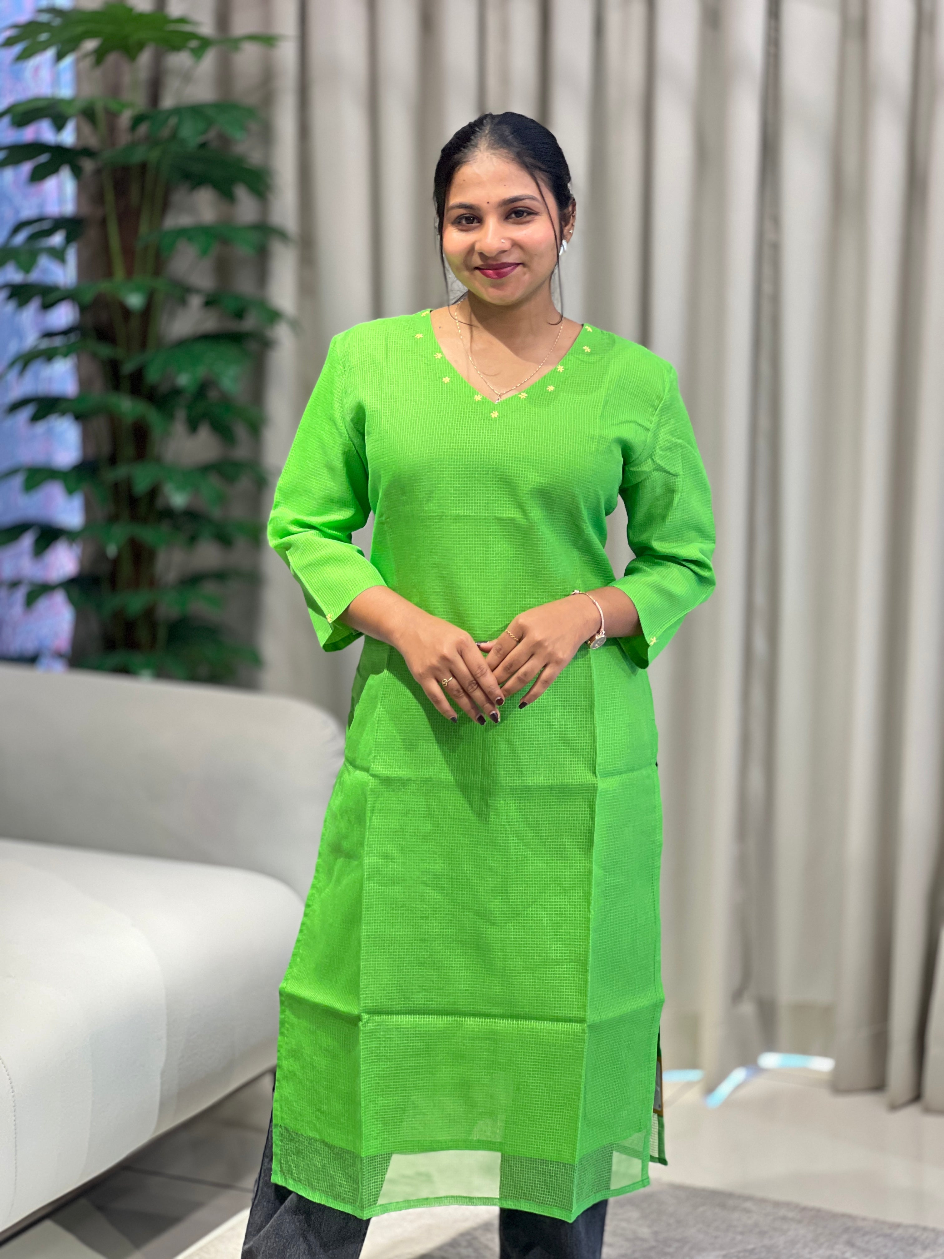 Embroidery Detailing Check Kota Kurta | DNT972