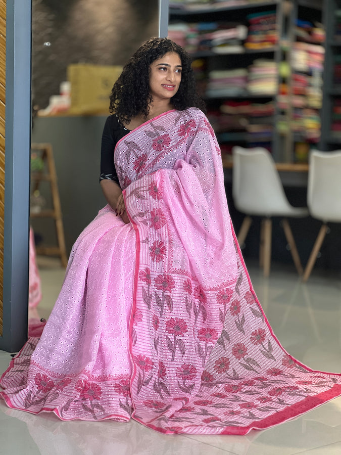 Pink Color Schiffli Pattern Silky Kota Saree | PF953