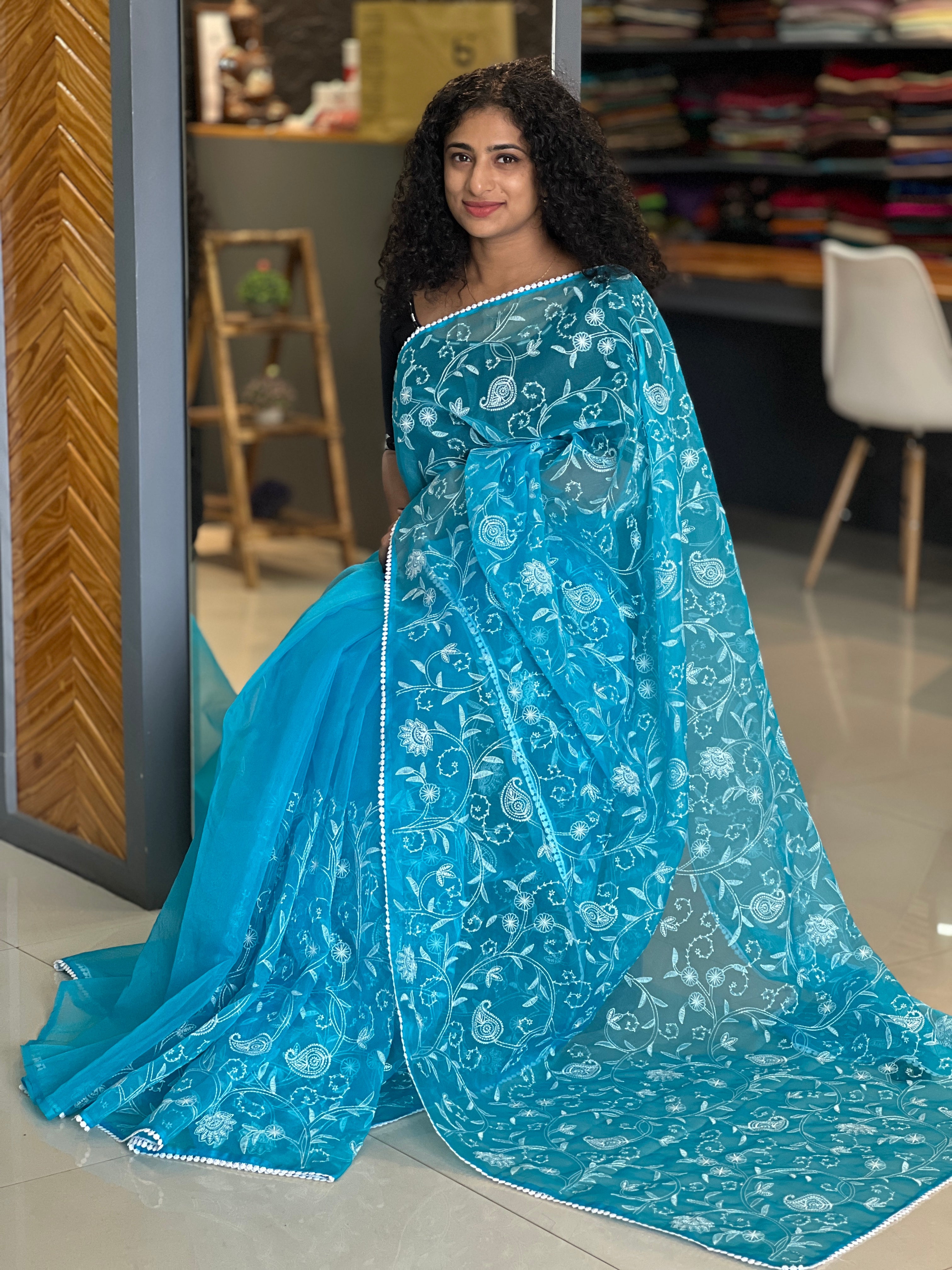 White Thread Embroidery Organza Saree | RP446