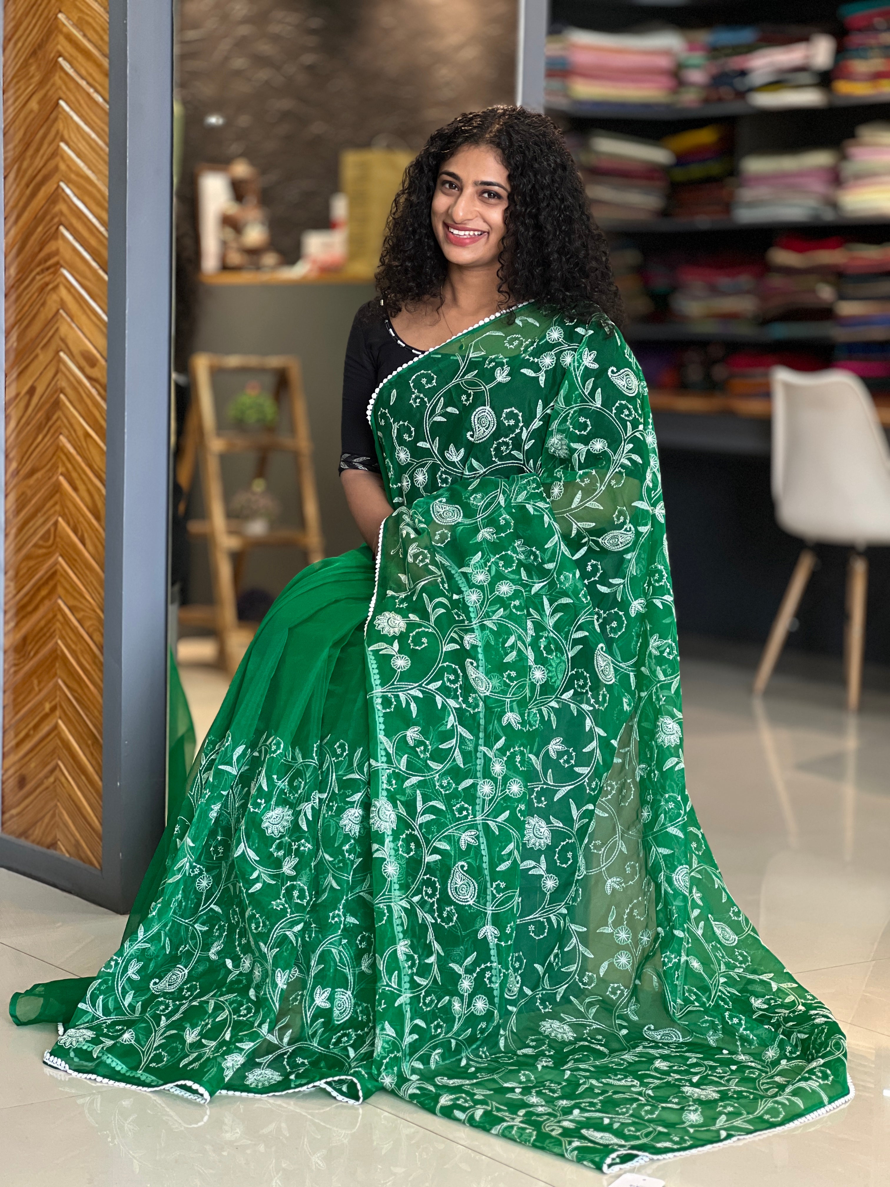 White Thread Embroidery Organza Saree | RP446