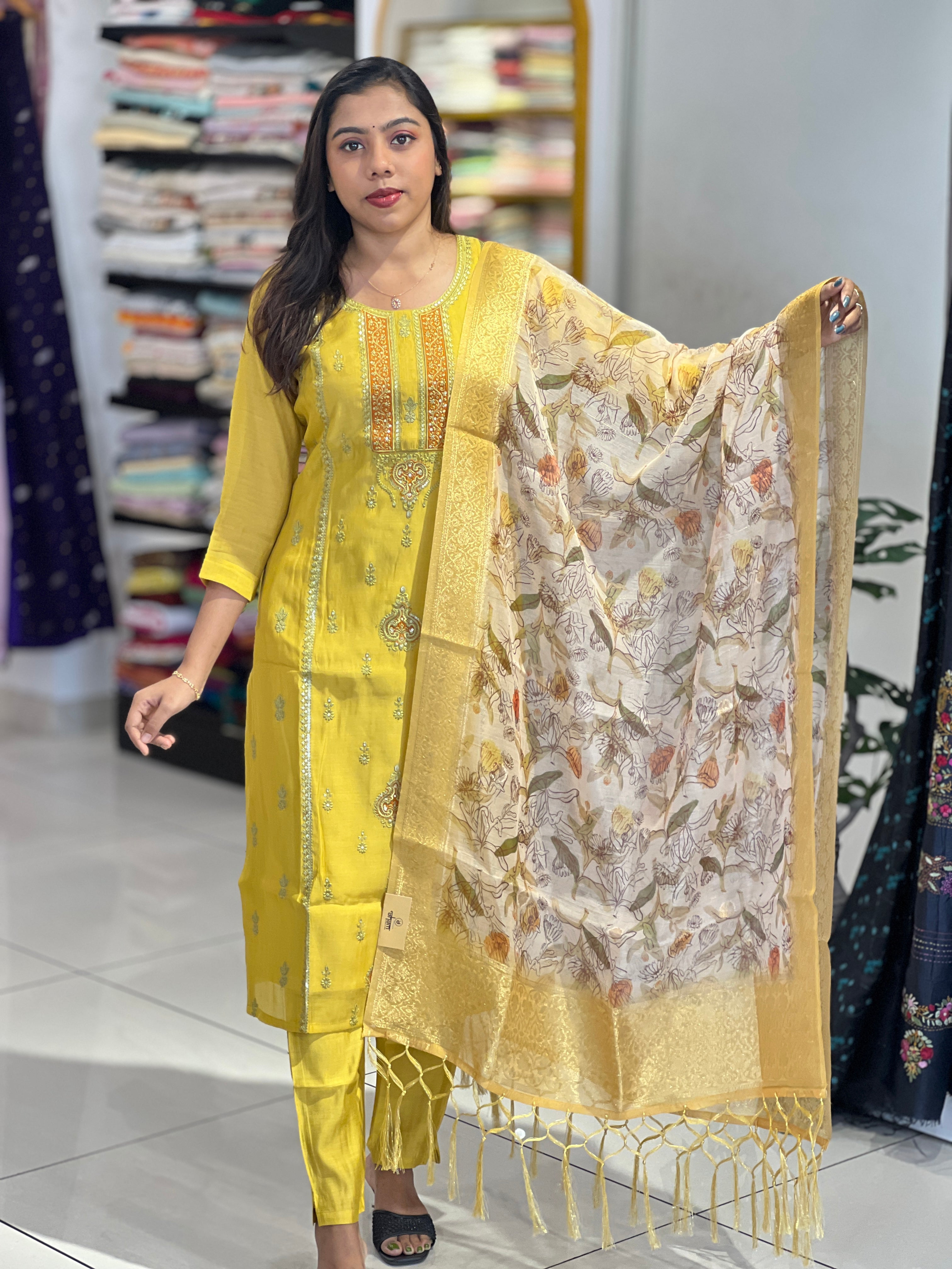 Embroidery With Sequins Detailed Chanderi Kurta Set | NAI156