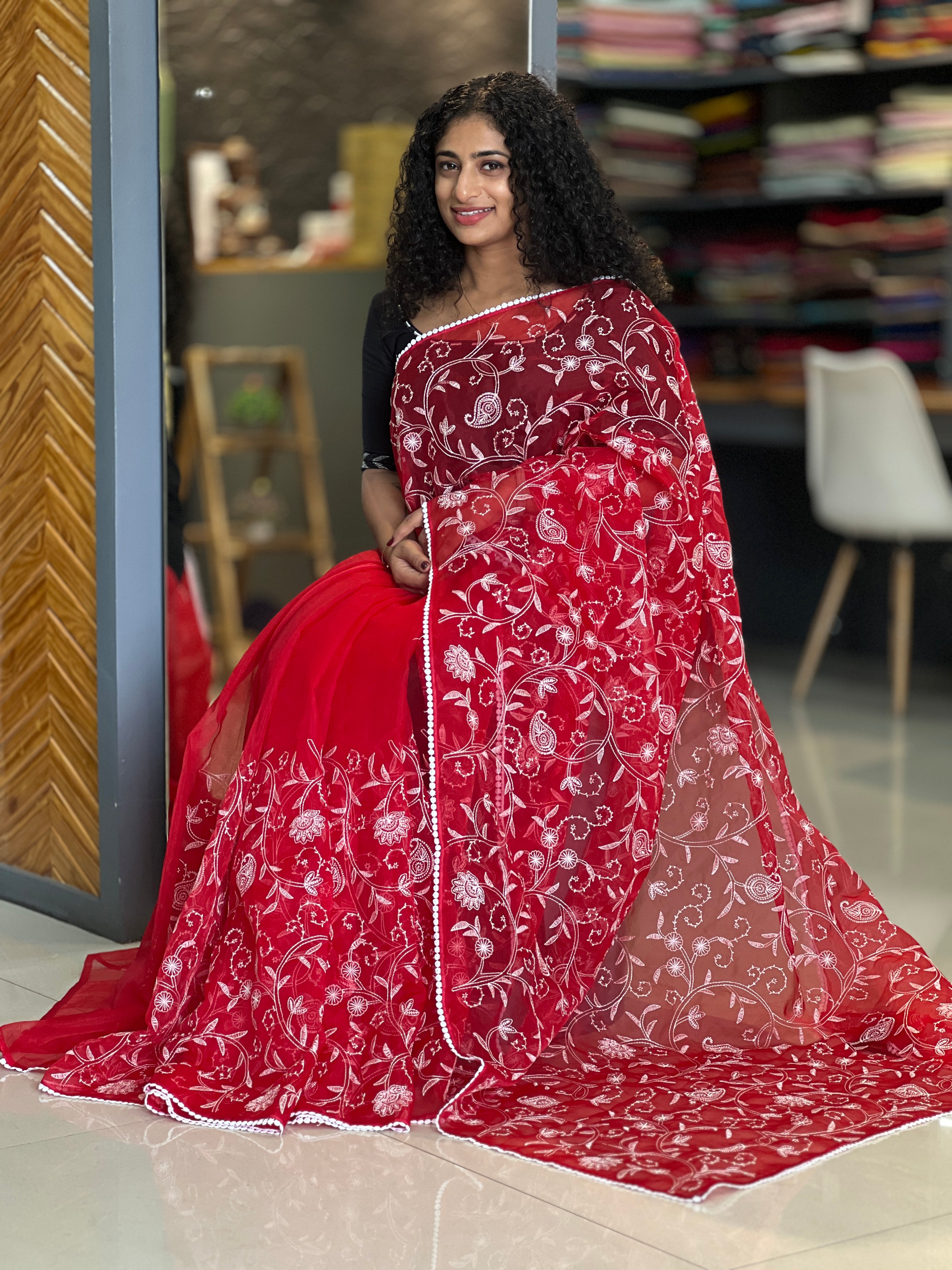 White Thread Embroidery Organza Saree | RP446