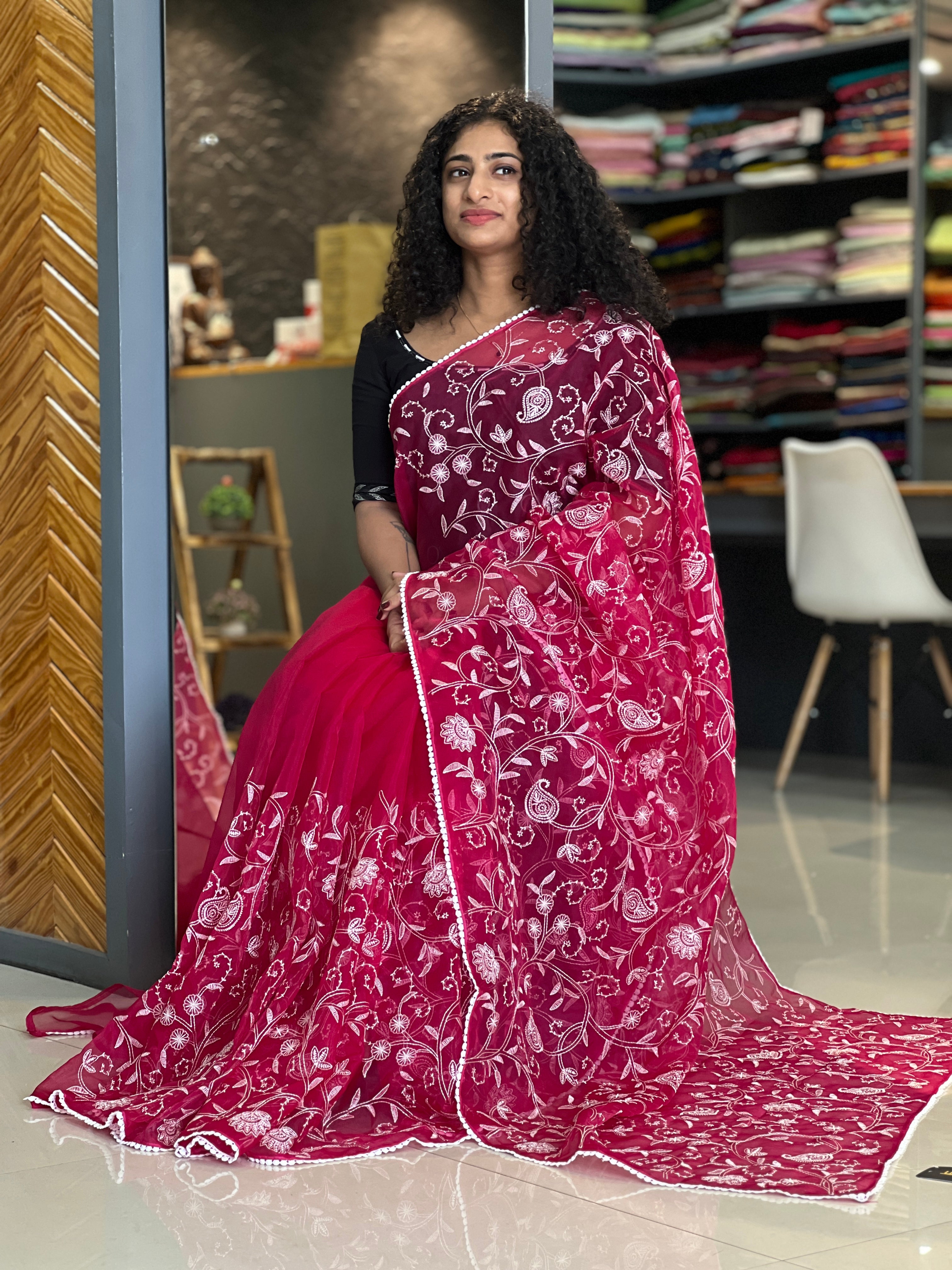White Thread Embroidery Organza Saree | RP446