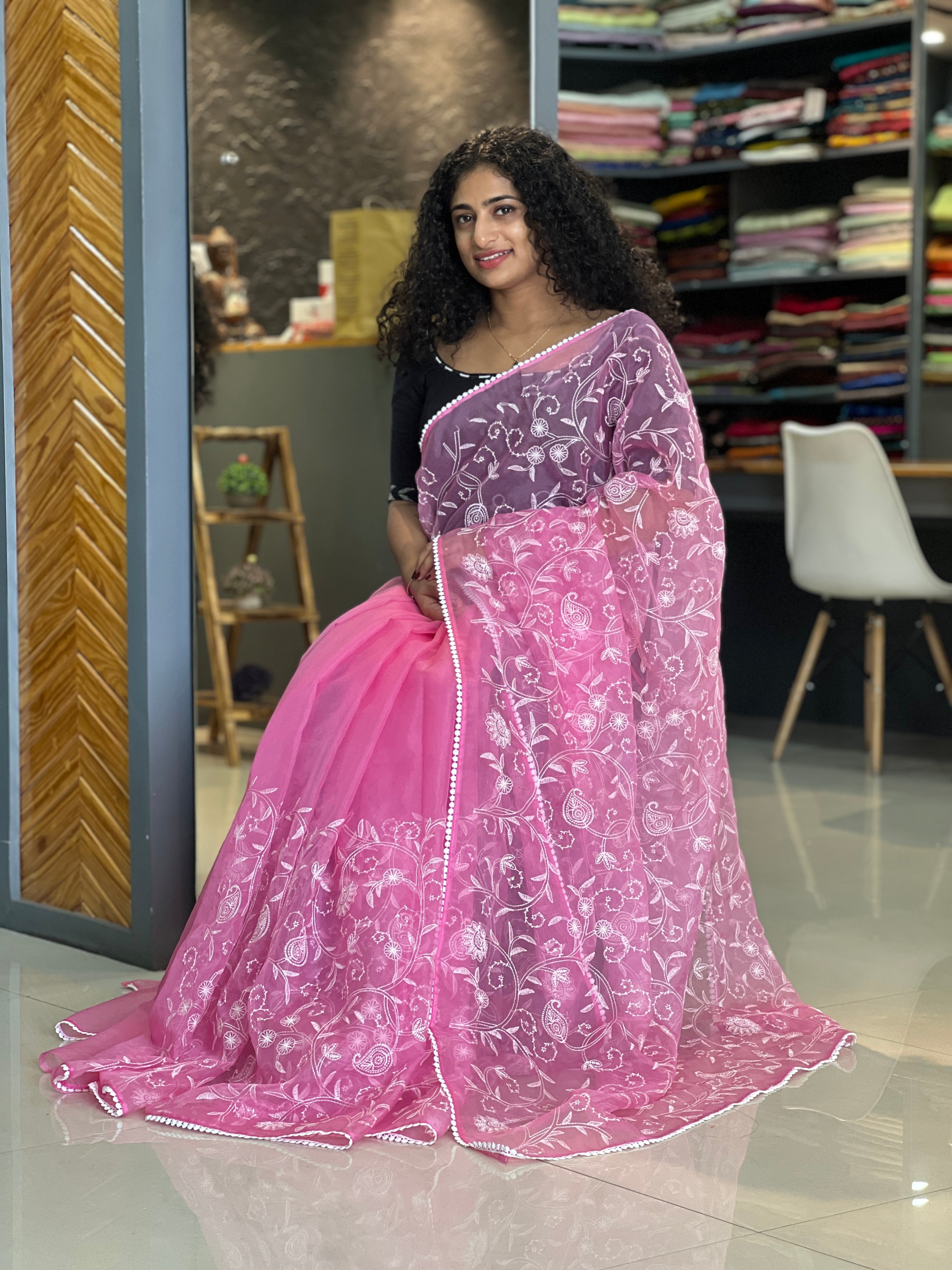 White Thread Embroidery Organza Saree | RP446