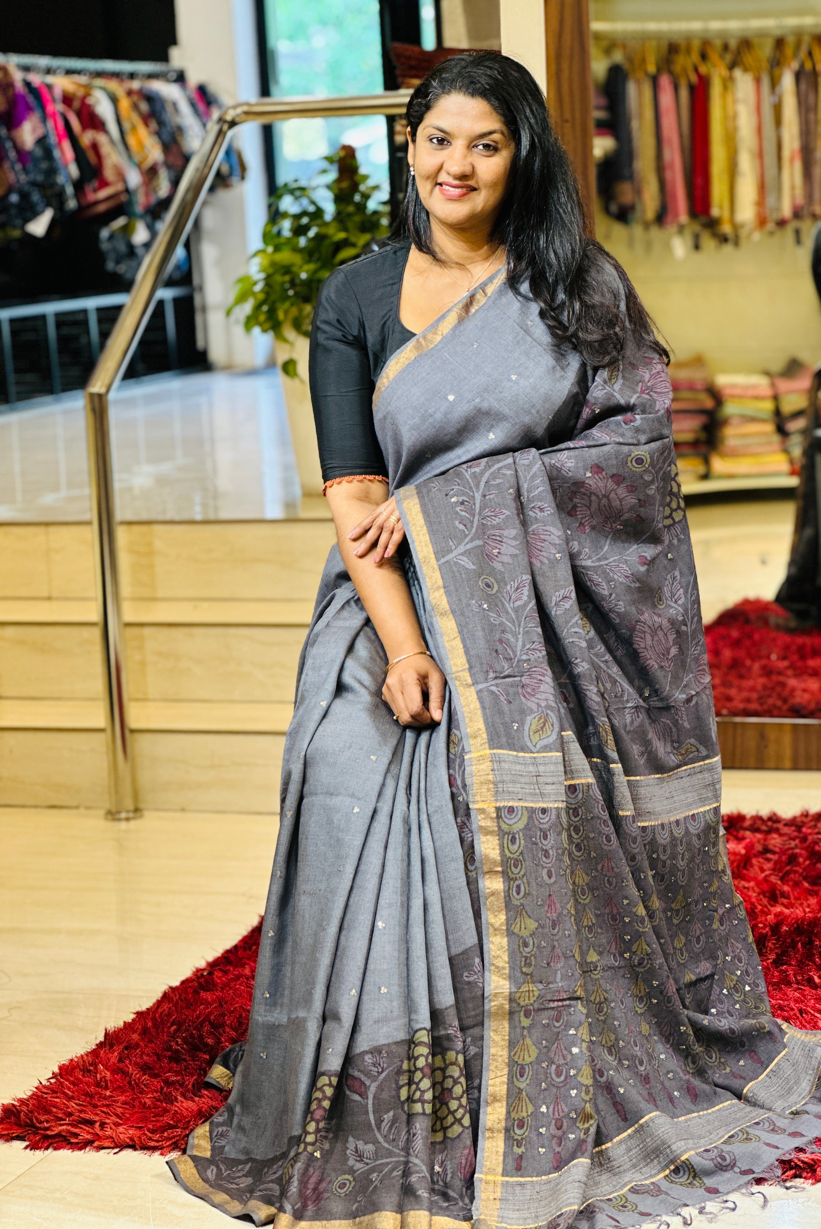 Pen Kalamkari With Basket Weaved Muga Tussar Saree | SHA102
