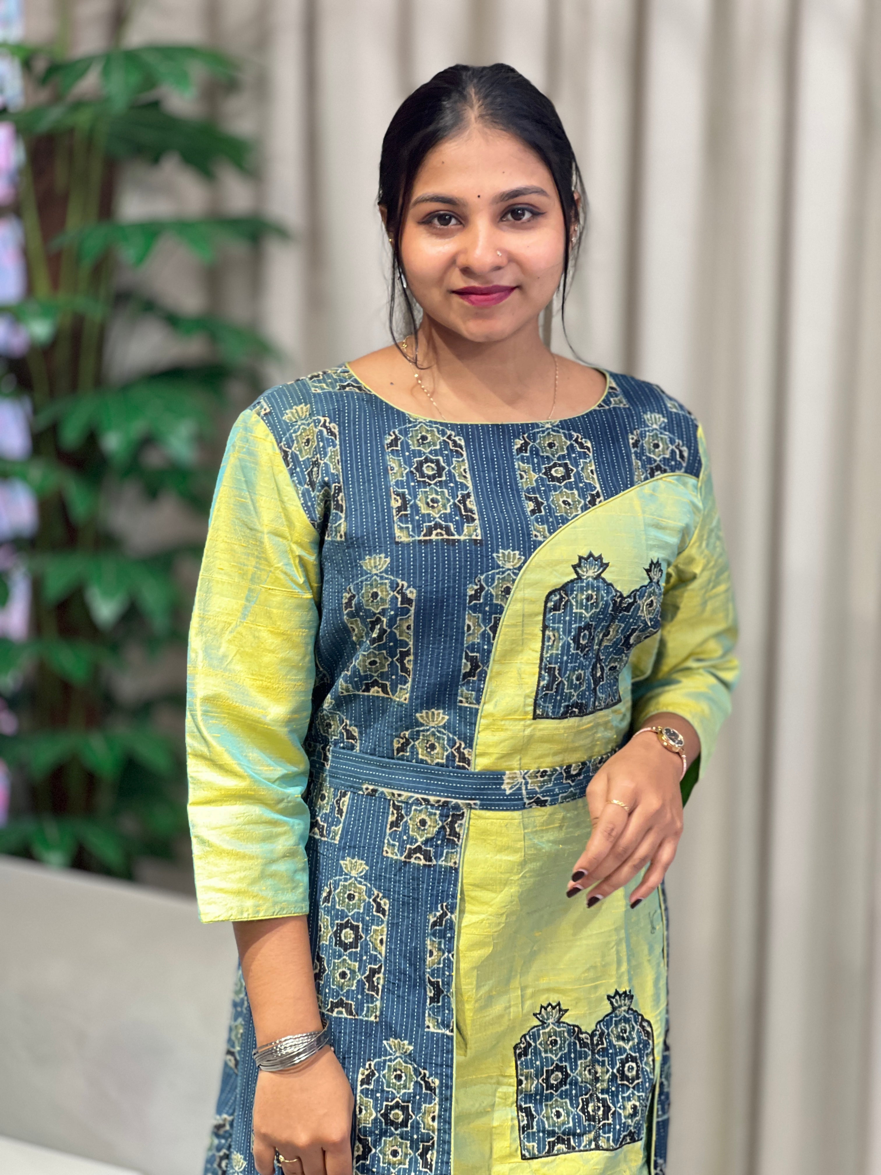 Patch Detailing A-Line Raw Silk Kurta | DNT961