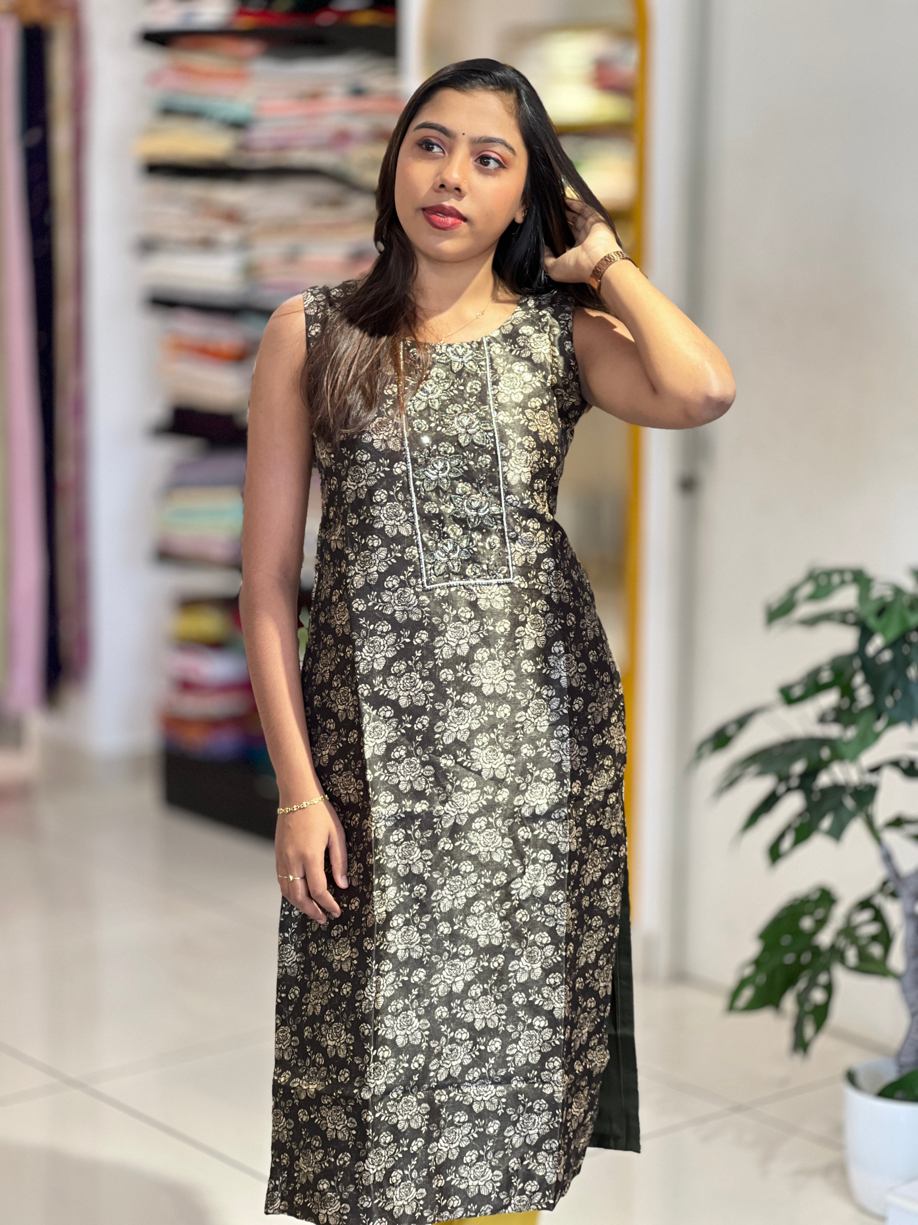 Floral Print With Embroidery Detailed Chanderi Kurta | NAI164