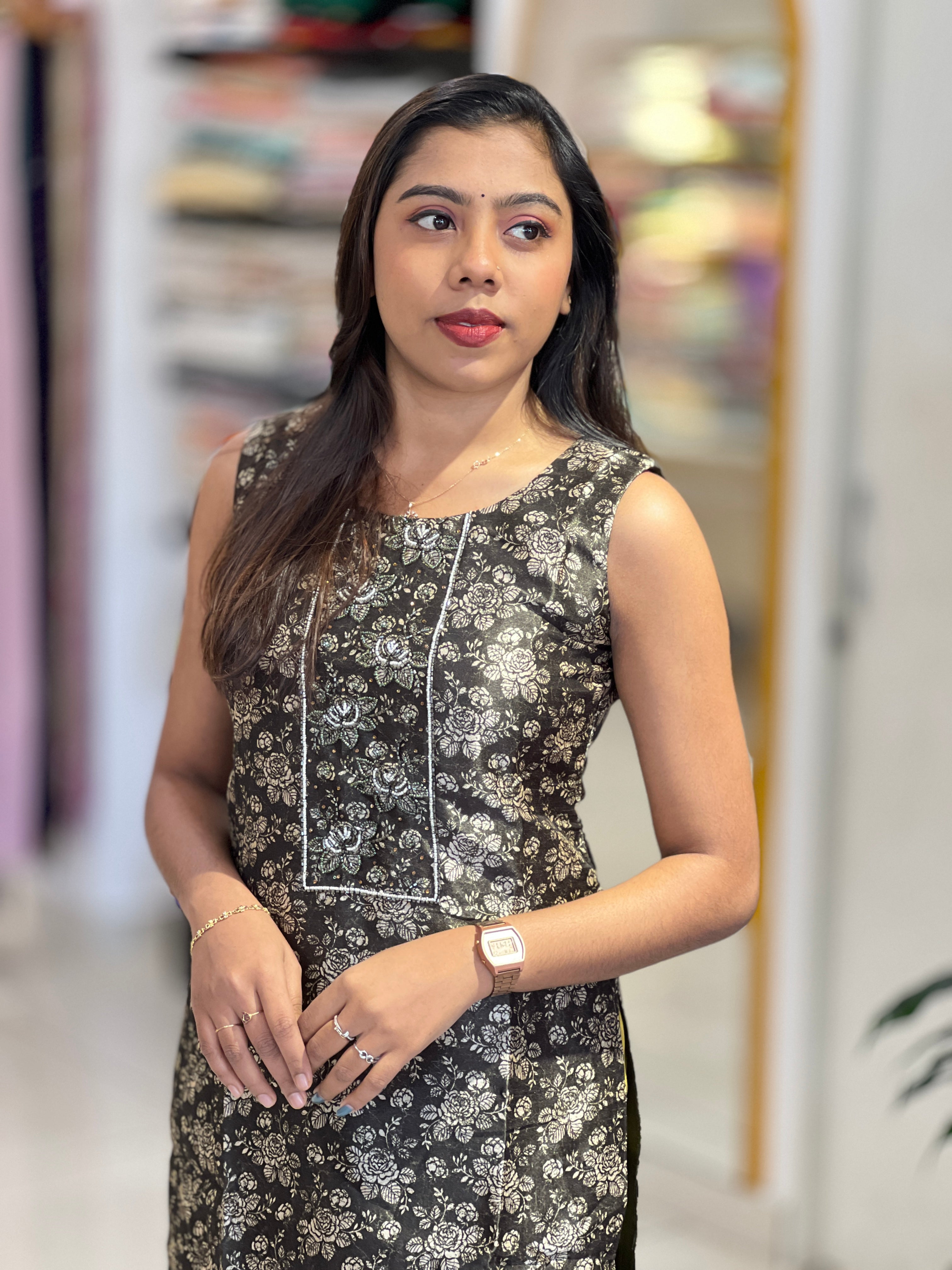 Floral Print With Embroidery Detailed Chanderi Kurta | NAI164