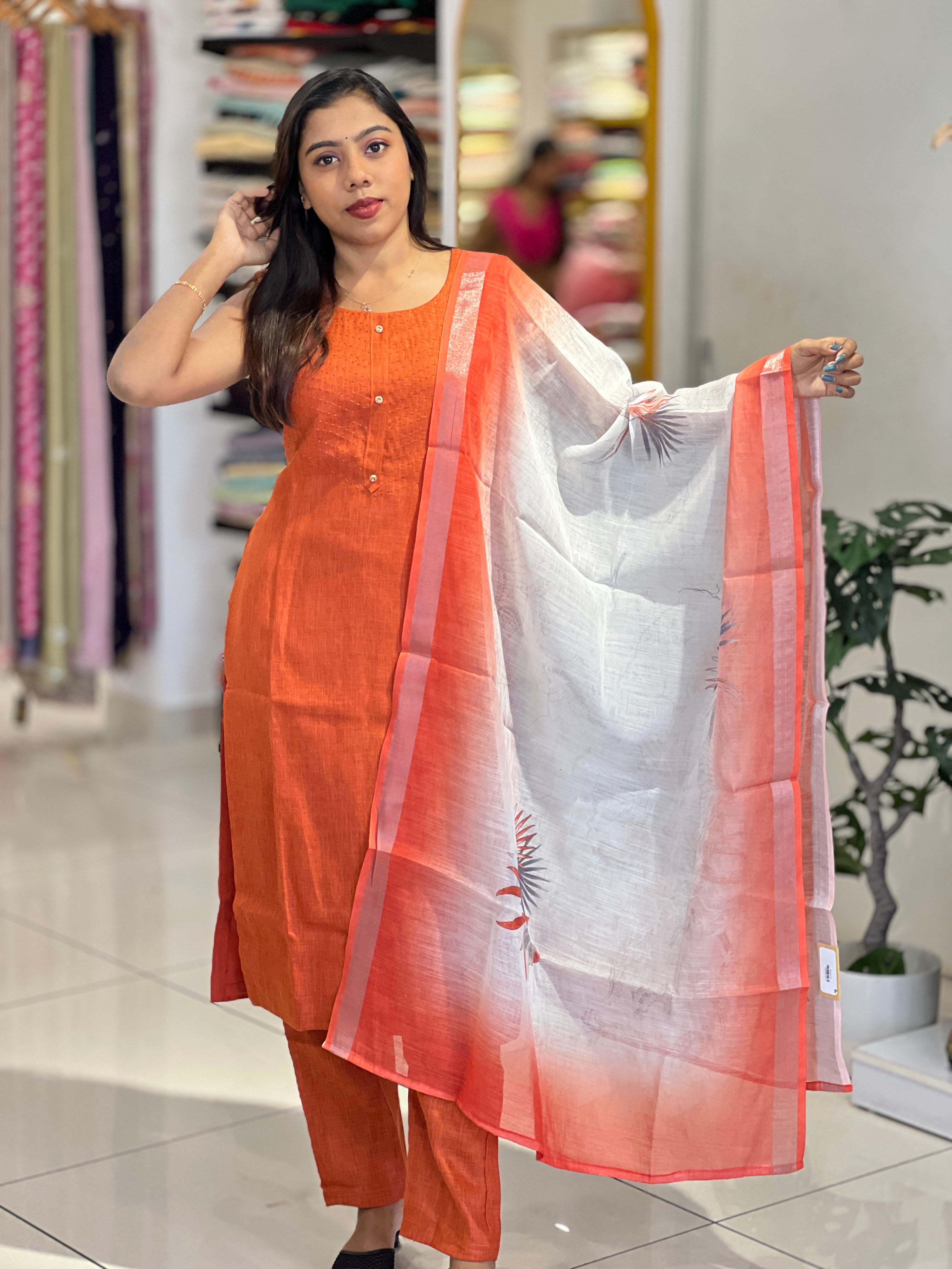 Running Stitch Detailed Linen Cotton Kurta Set | NAI154