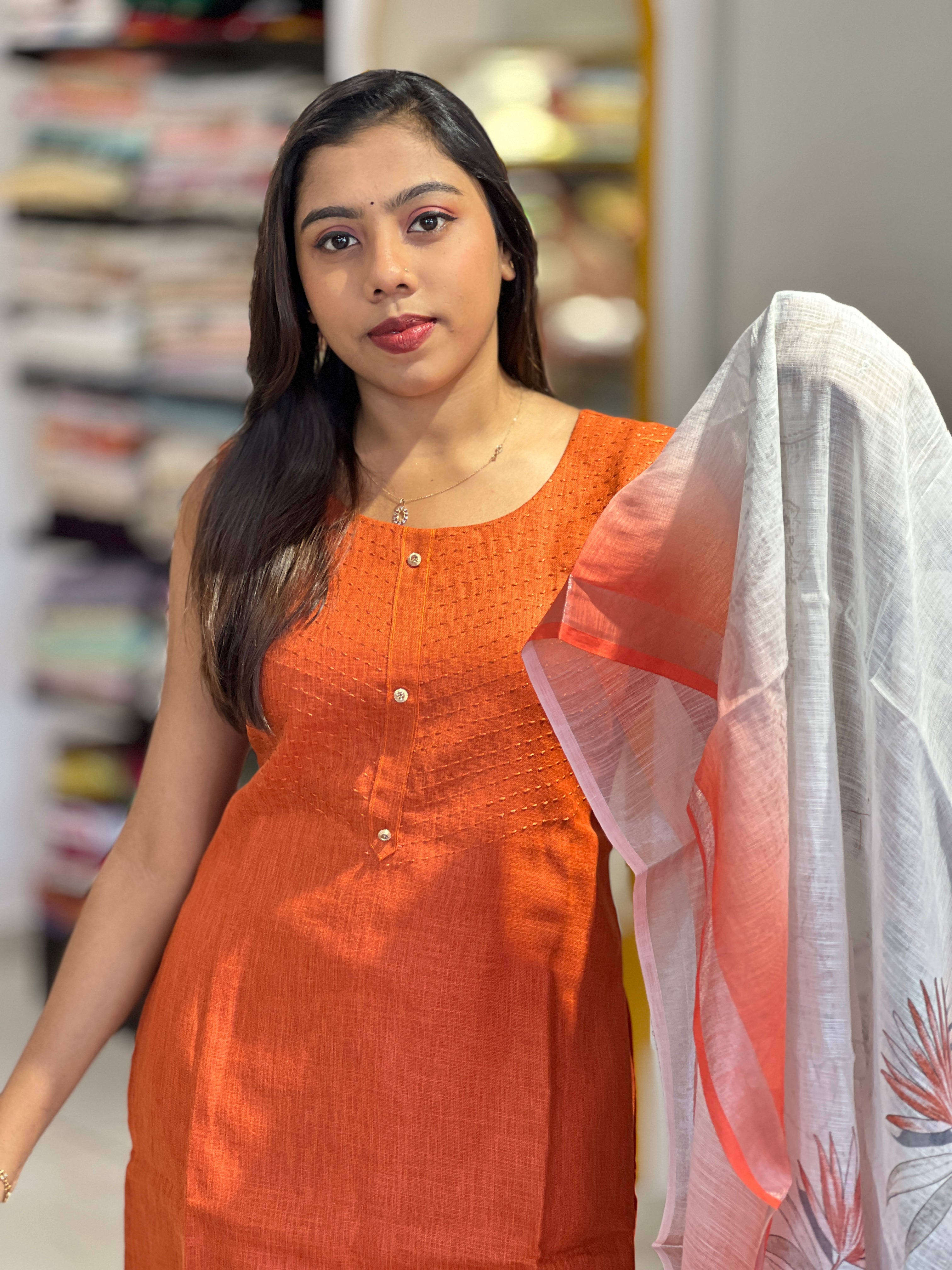 Running Stitch Detailed Linen Cotton Kurta Set | NAI154