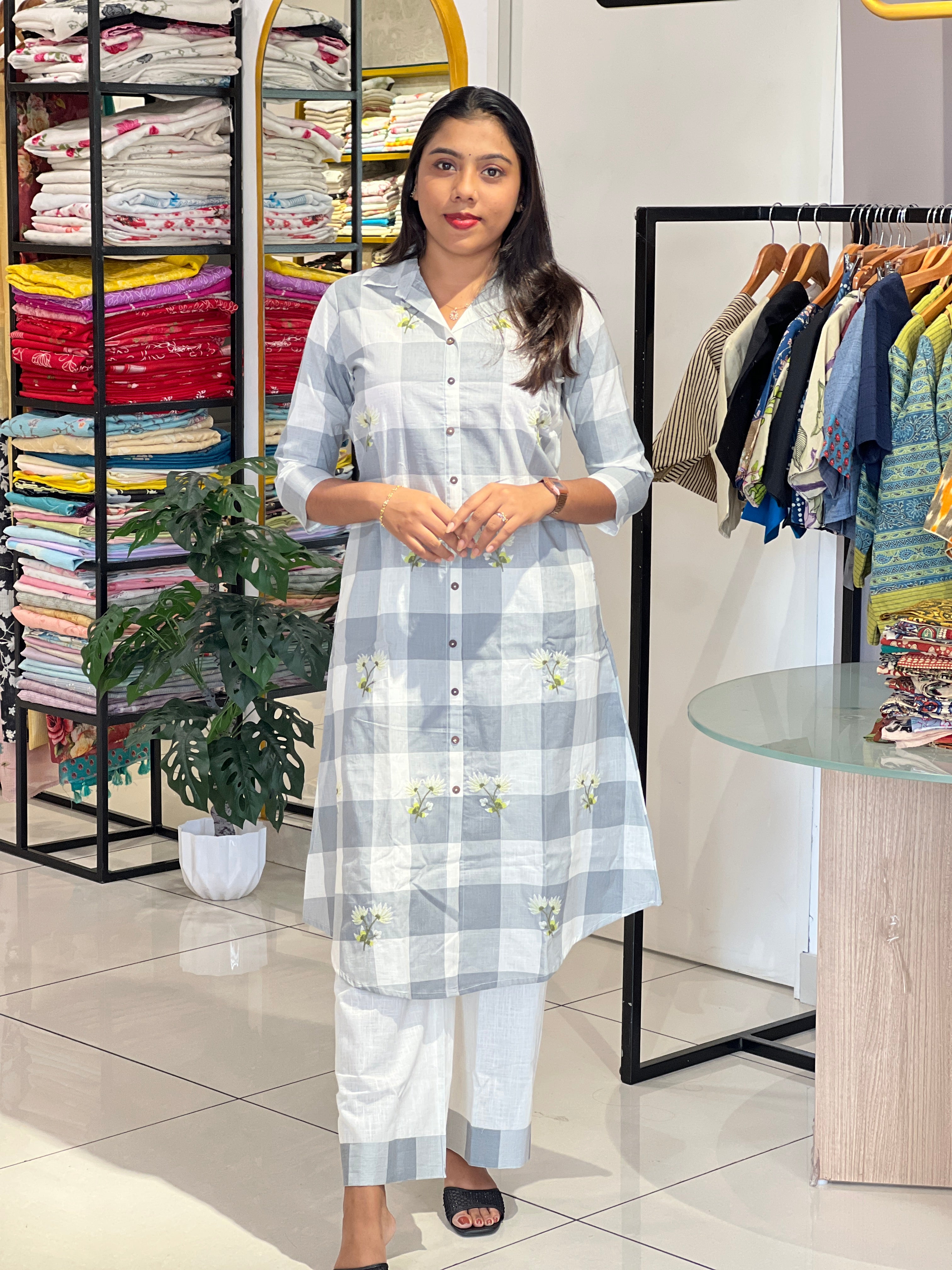Check Patterned Linen Cotton Cord Set  | OMF193