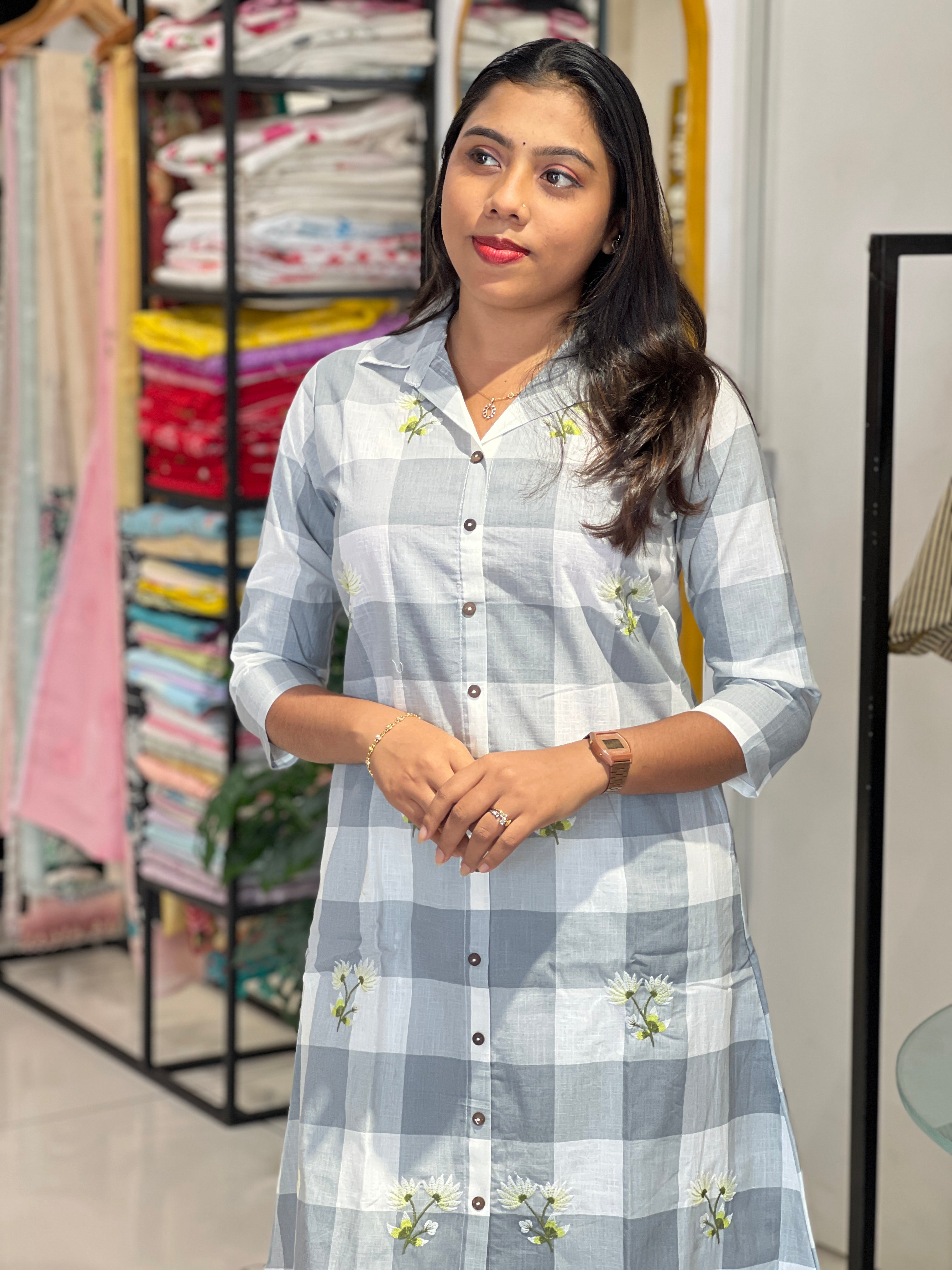 Check Patterned Linen Cotton Cord Set  | OMF193