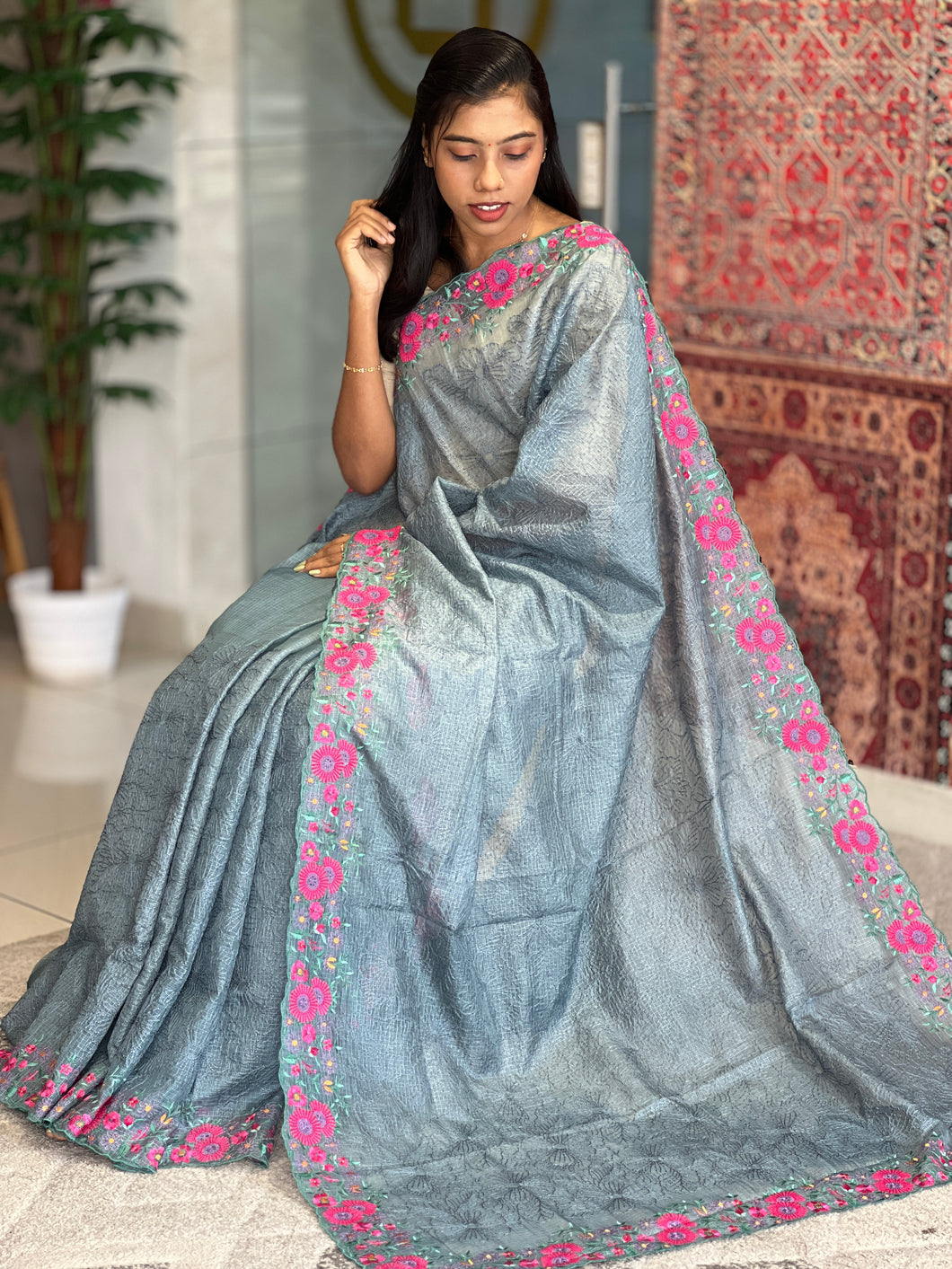 Floral Embroidery Tussar Kota Saree | SBS871