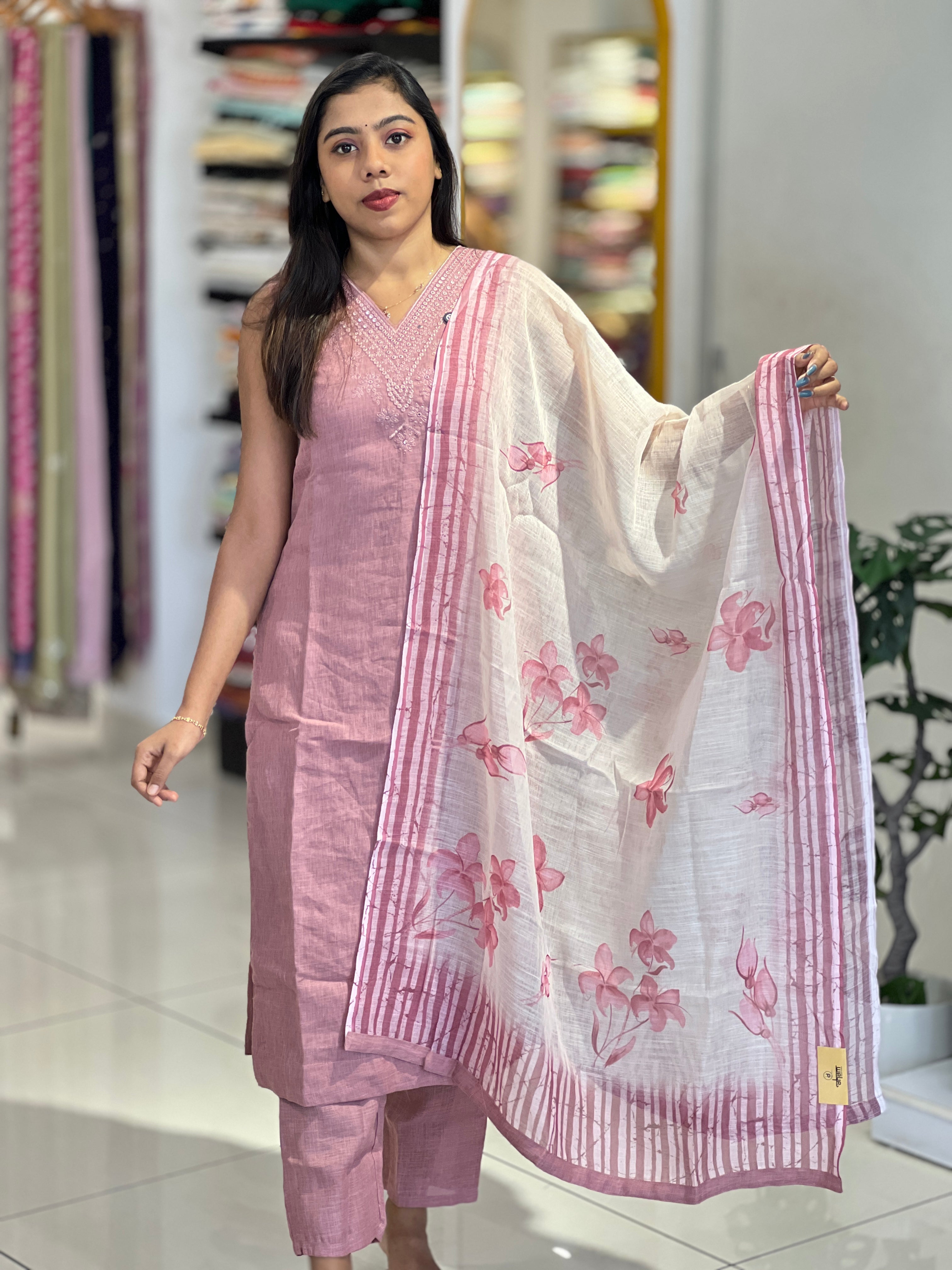 Embroidery Detailed Linen Finish Kurta Set | NAI152