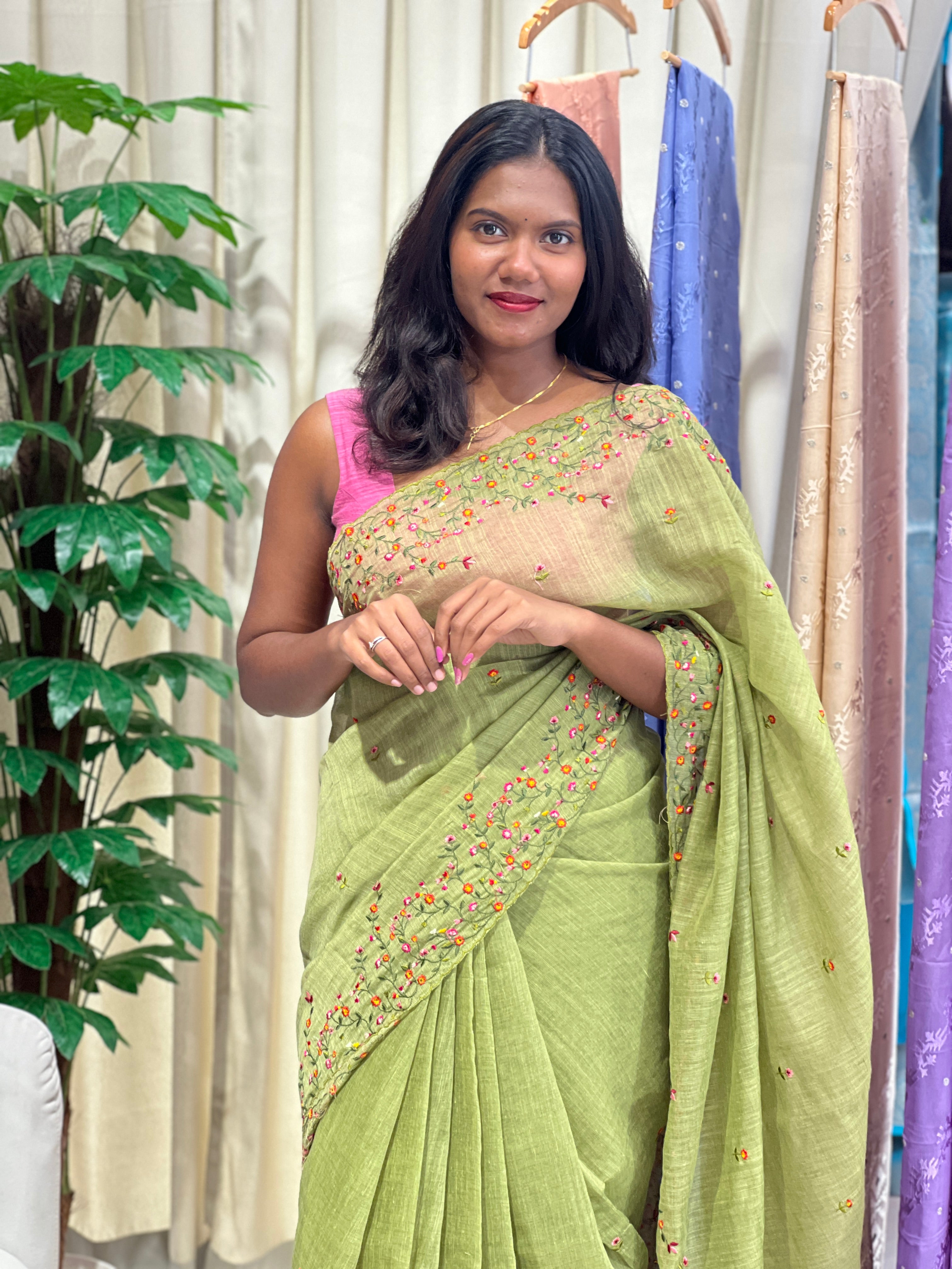 Machine Embroidered Semi Linen Saree | RP831