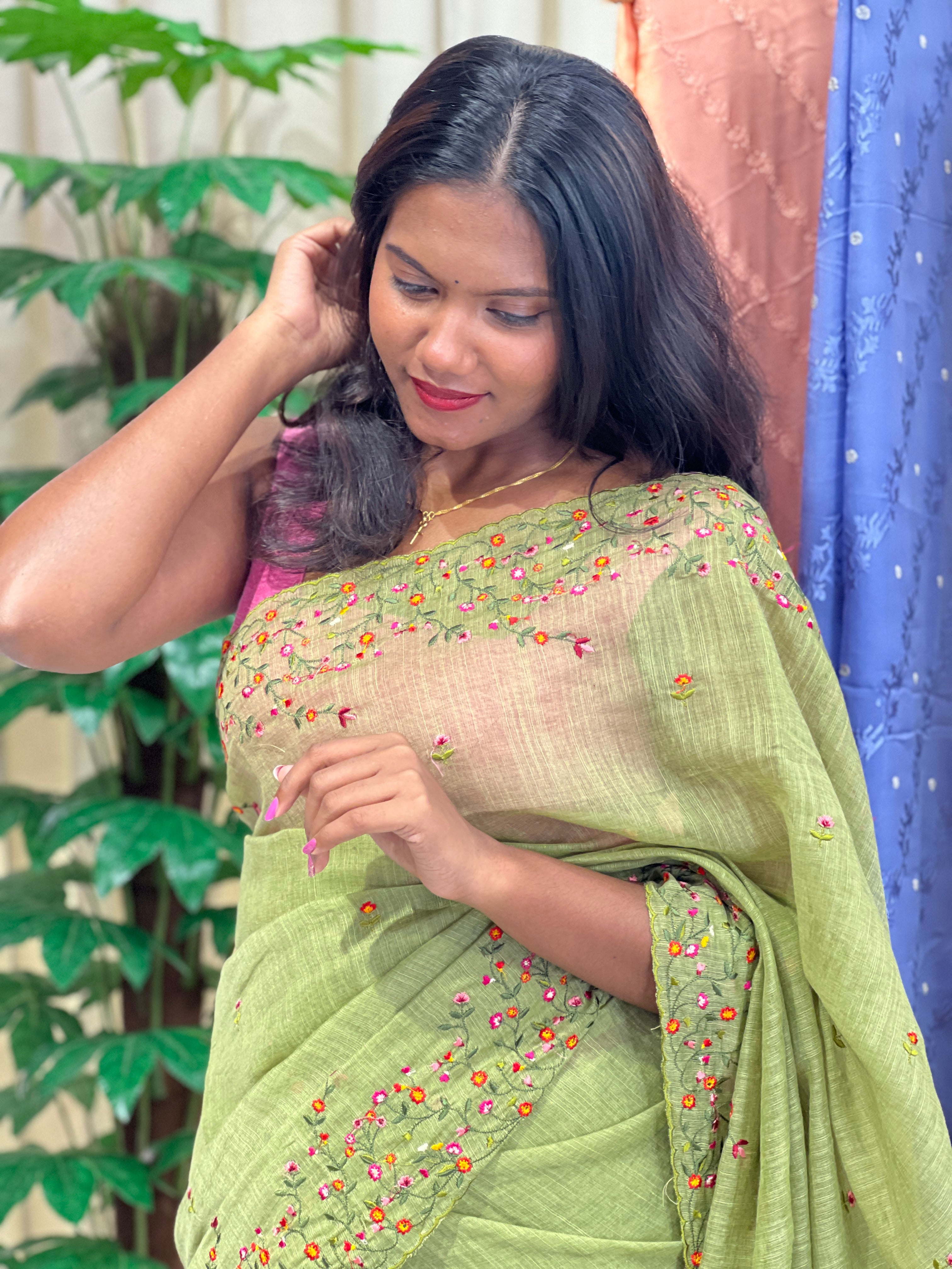 Machine Embroidered Semi Linen Saree | RP831