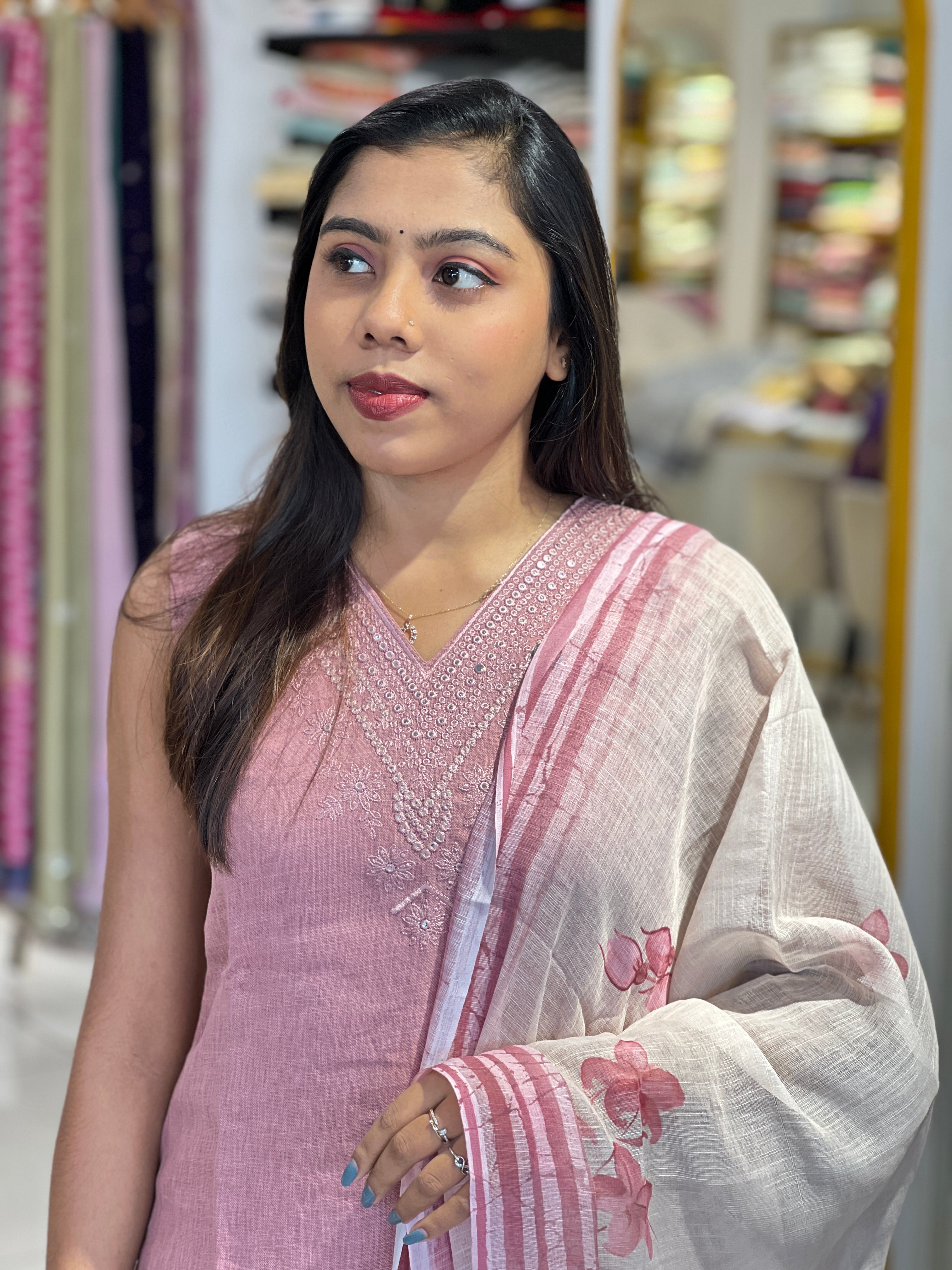 Embroidery Detailed Linen Finish Kurta Set | NAI152