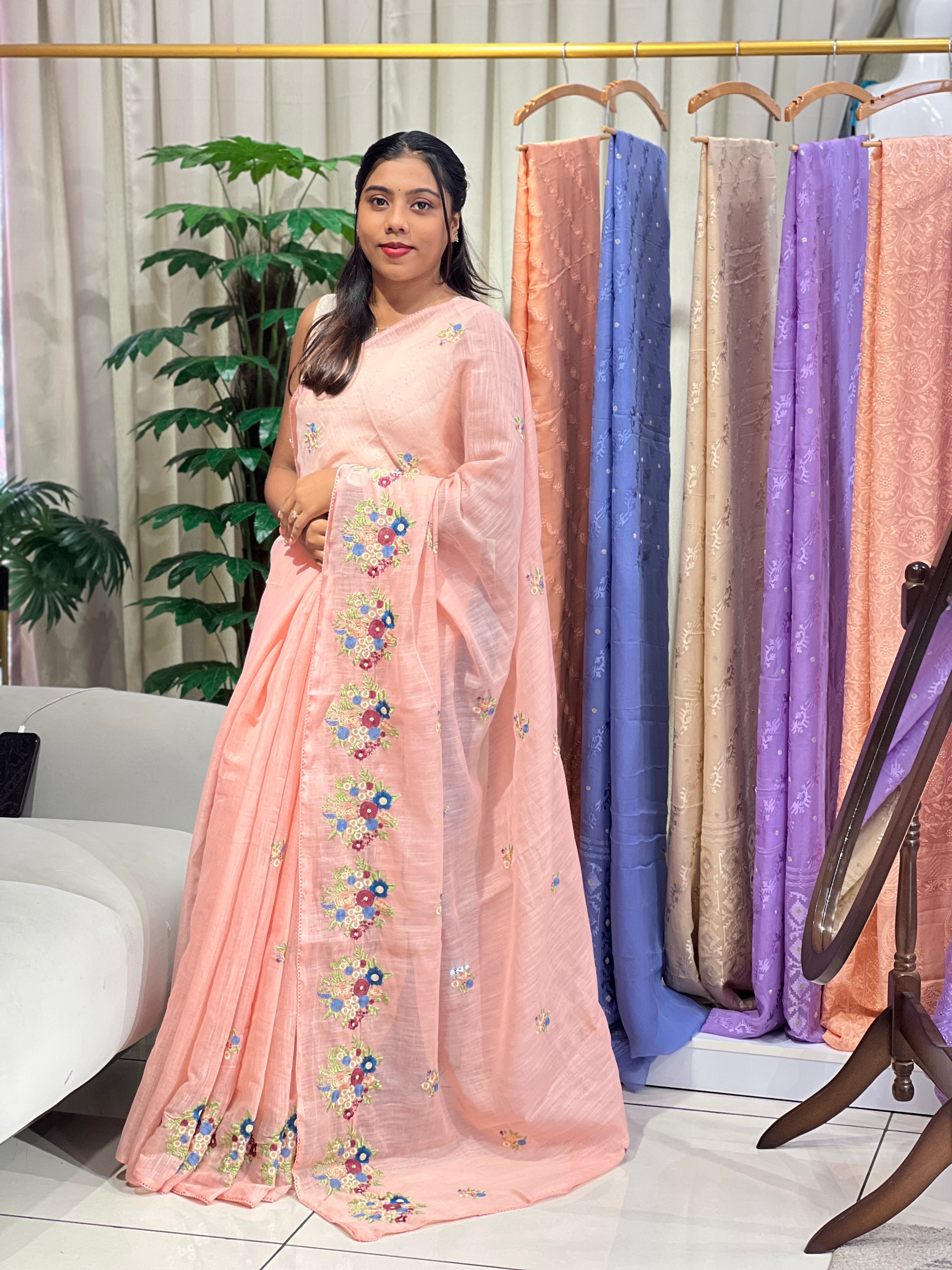 Floral Machine Embroidered Semi Linen Saree | RP830