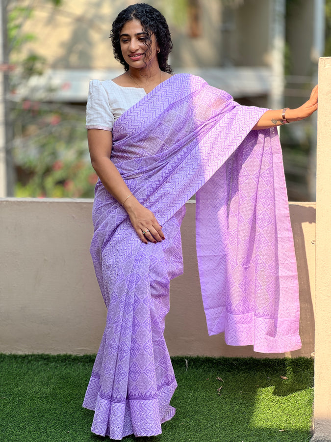 Block Printed & Shiffli Embroidery Silky Kota Saree | PF956