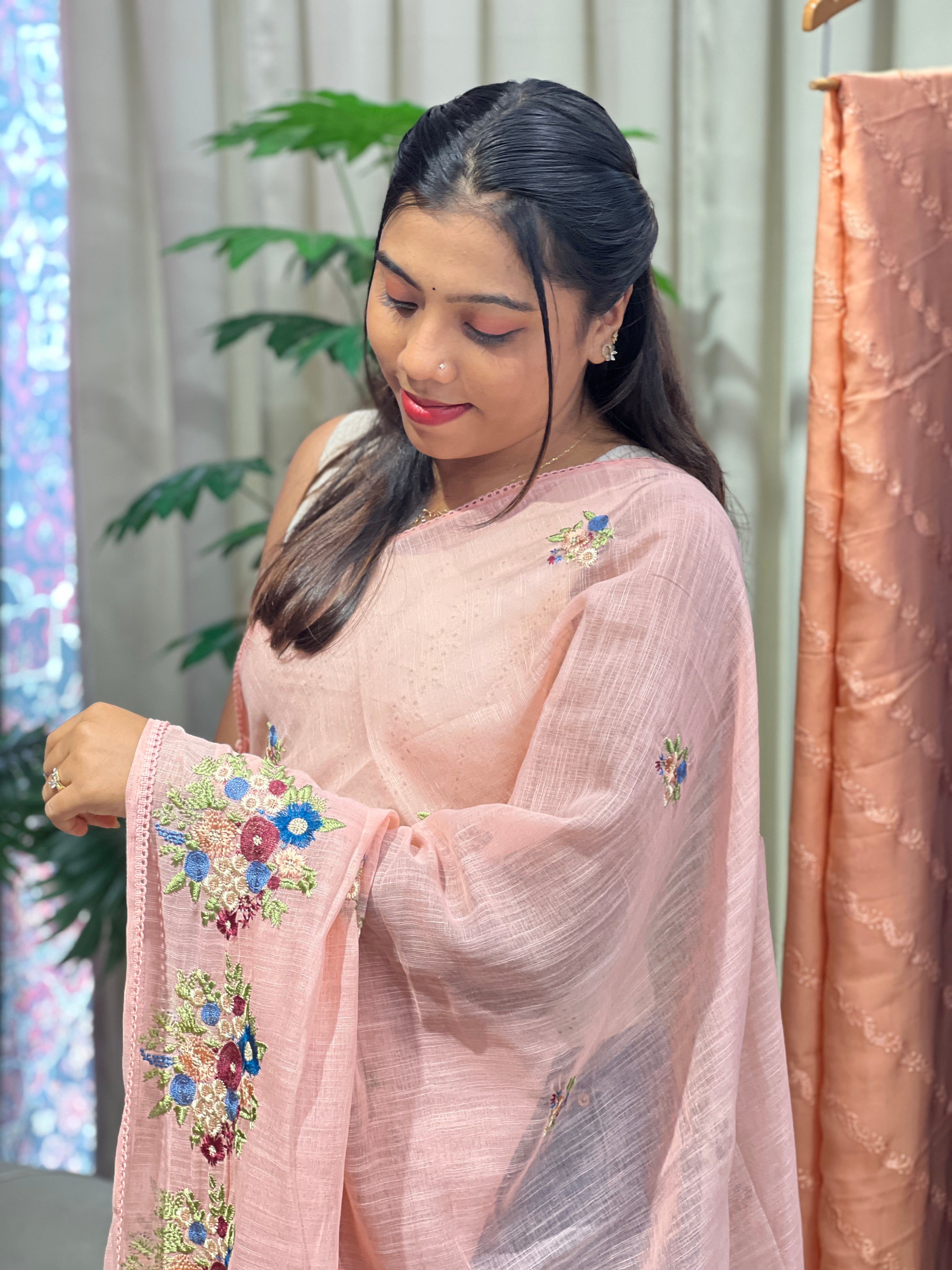 Floral Machine Embroidered Semi Linen Saree | RP830